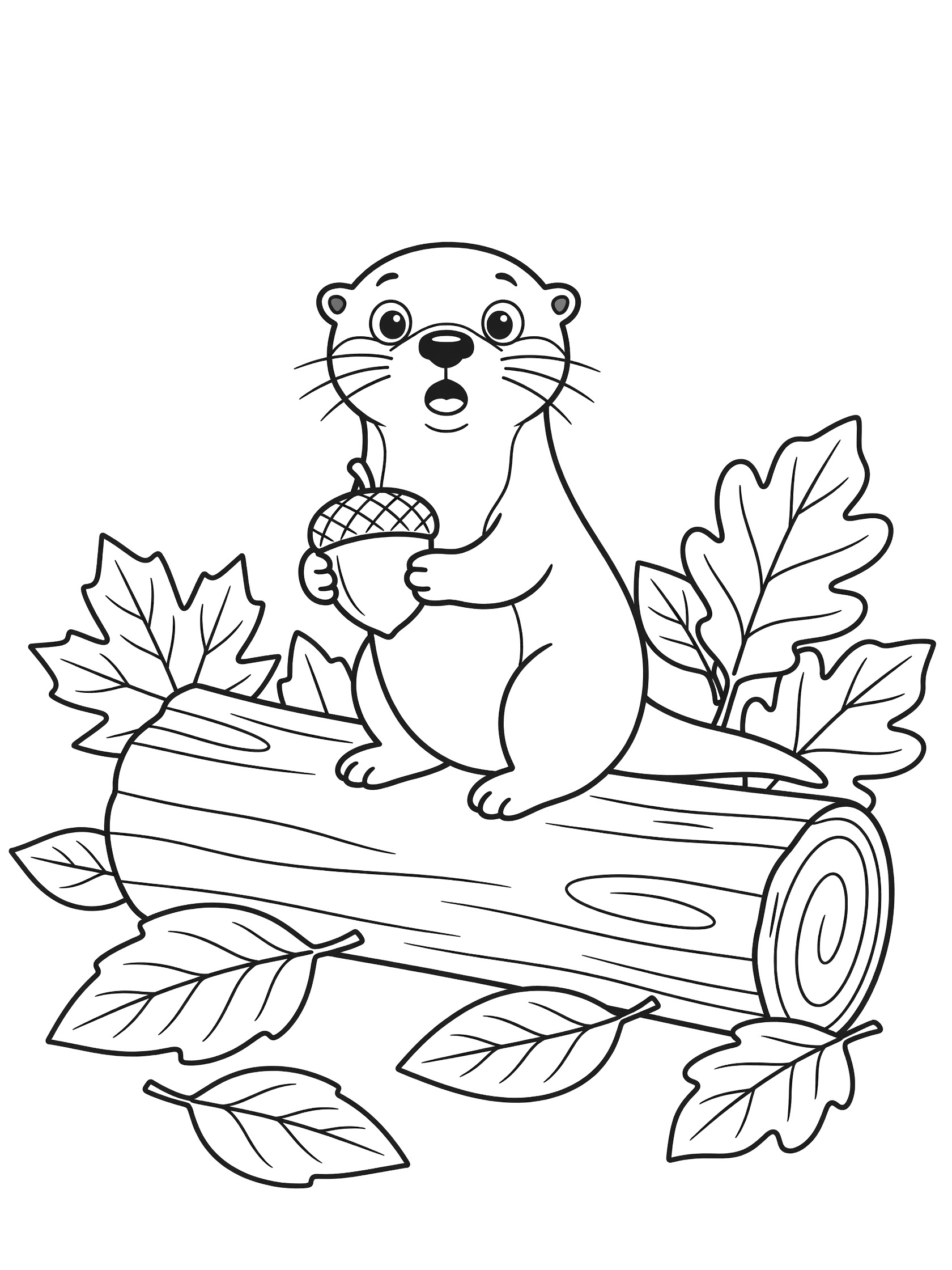 Black and white line art coloring page showing a surprised otter with wide eyes holding a large acorn, sitting on a wood log surrounded by fall leaves.