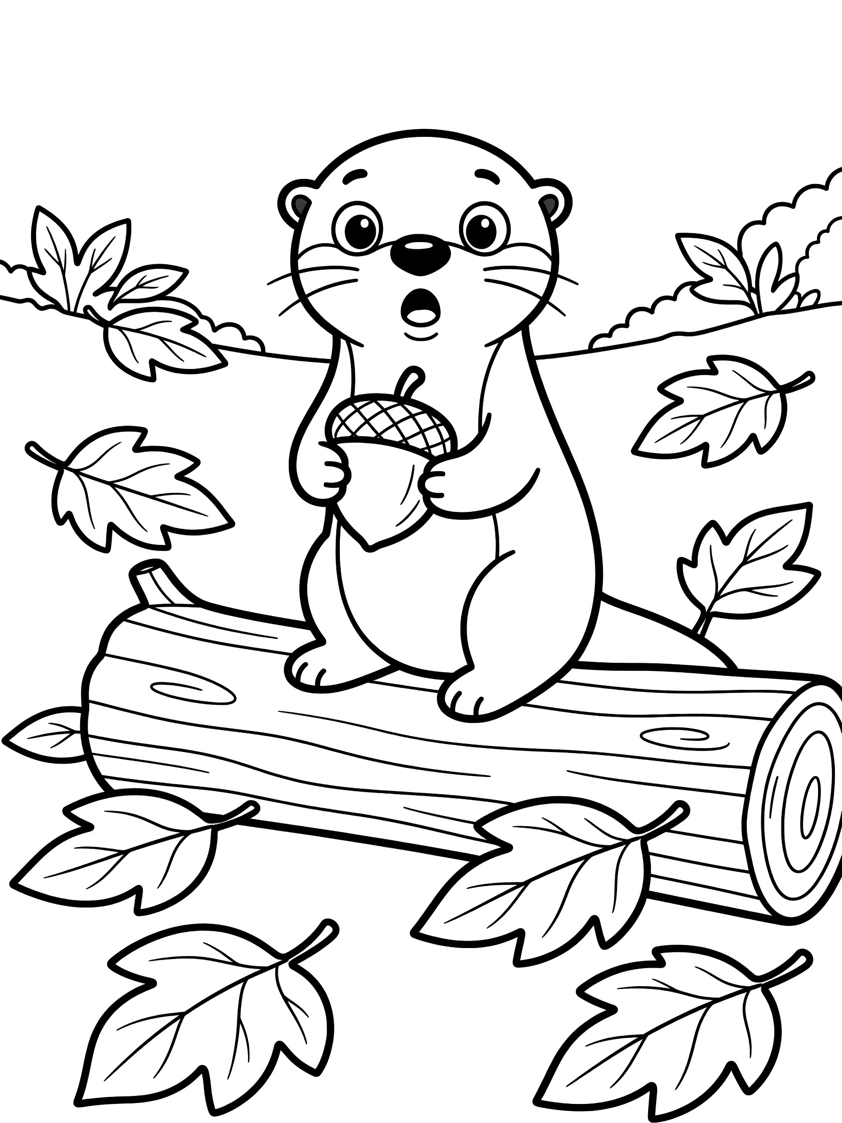 Black and white line art coloring page showing a cute otter with wide eyes holding a large acorn, sitting on a log surrounded by leaves.