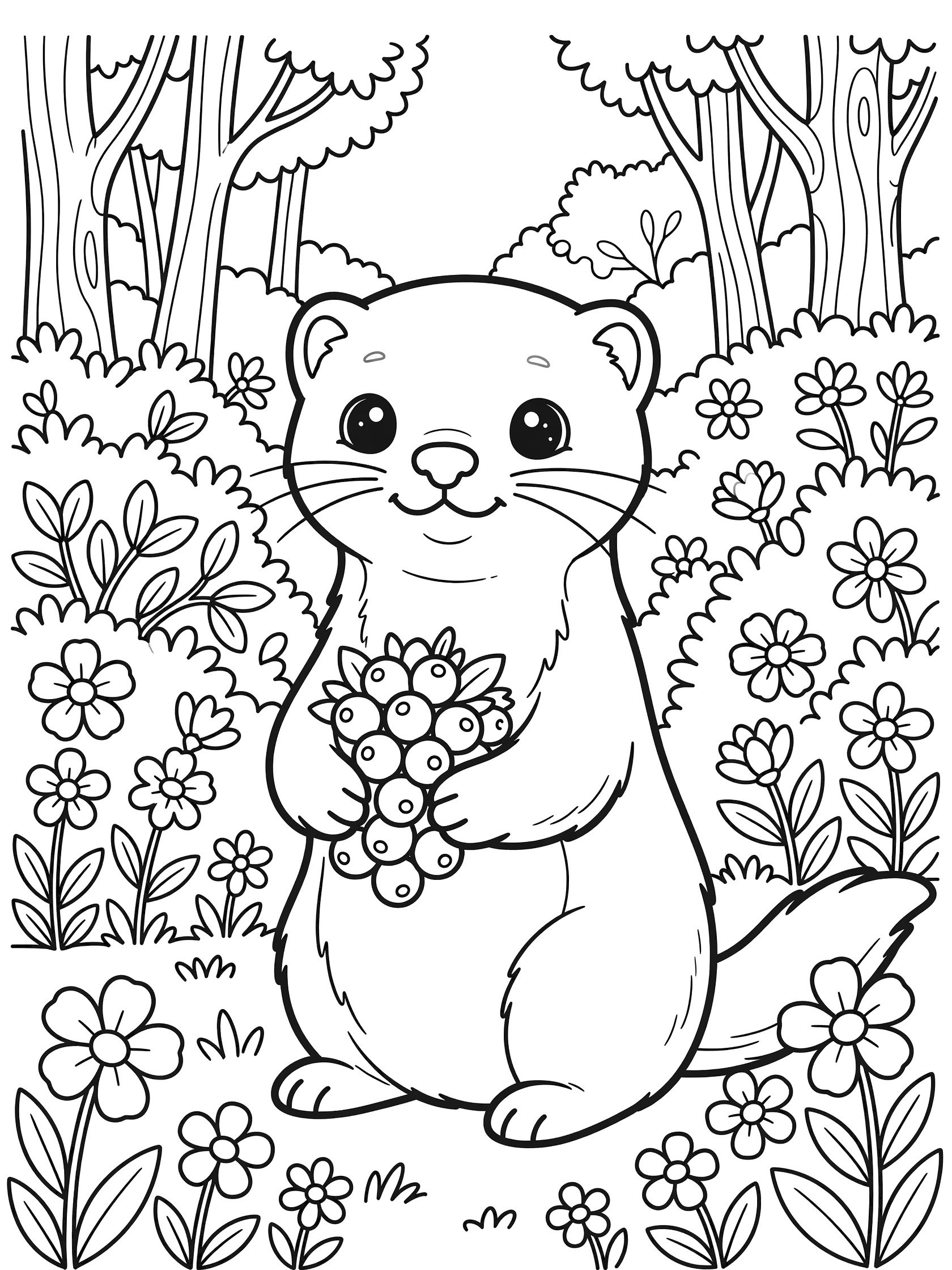 Black and white line art coloring page showing a cute otter holding a bunch of berries, with flowers, bushes, and trees around it. Mink themed black and white printable line art