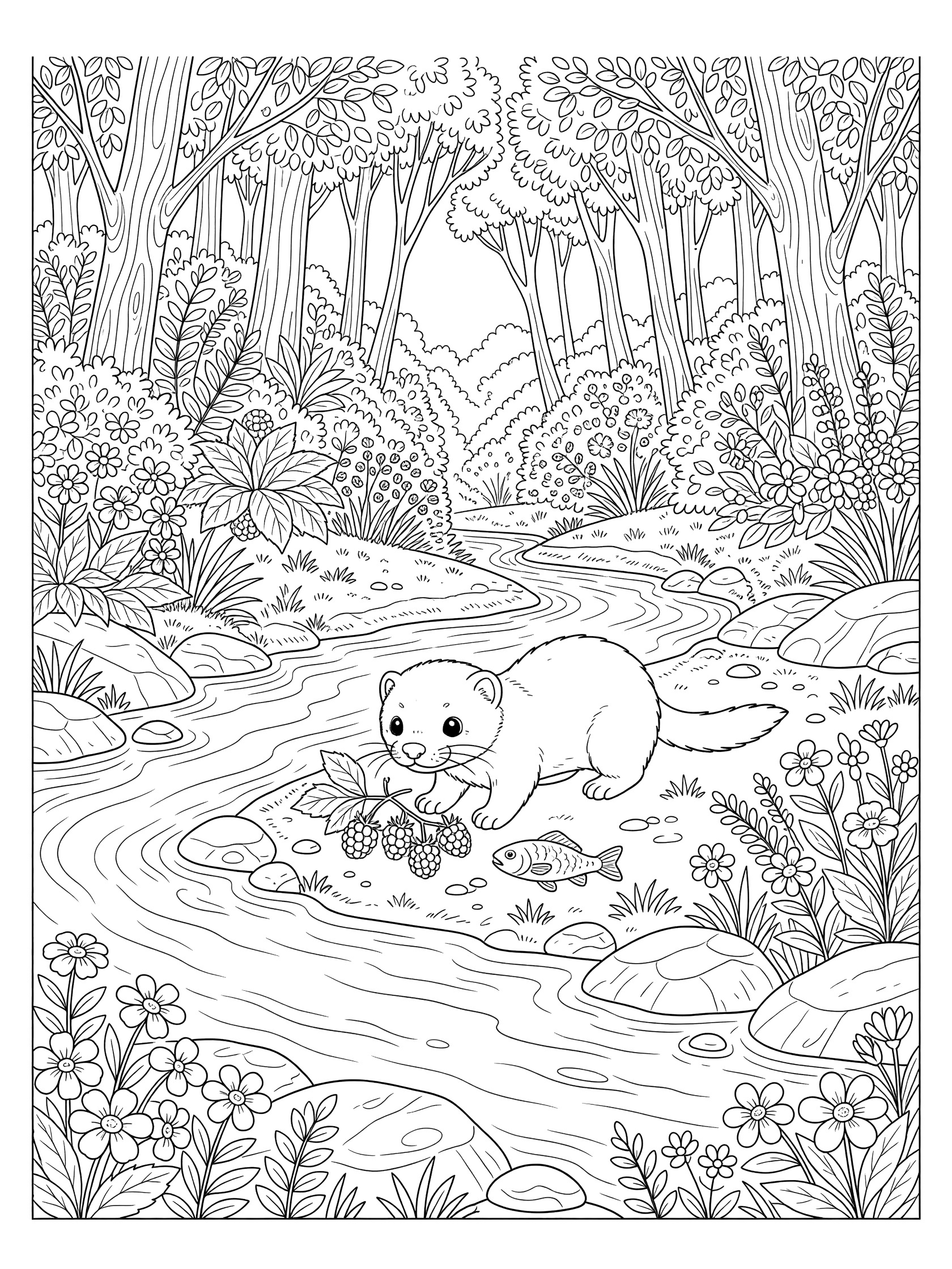 Black and white line art coloring page showing a cute otter holding grapes in one paw and a fish near its mouth, standing by a winding stream with rocks, surrounded by forest trees, ferns, wildflowers and berries. Mink themed black and white printable line art