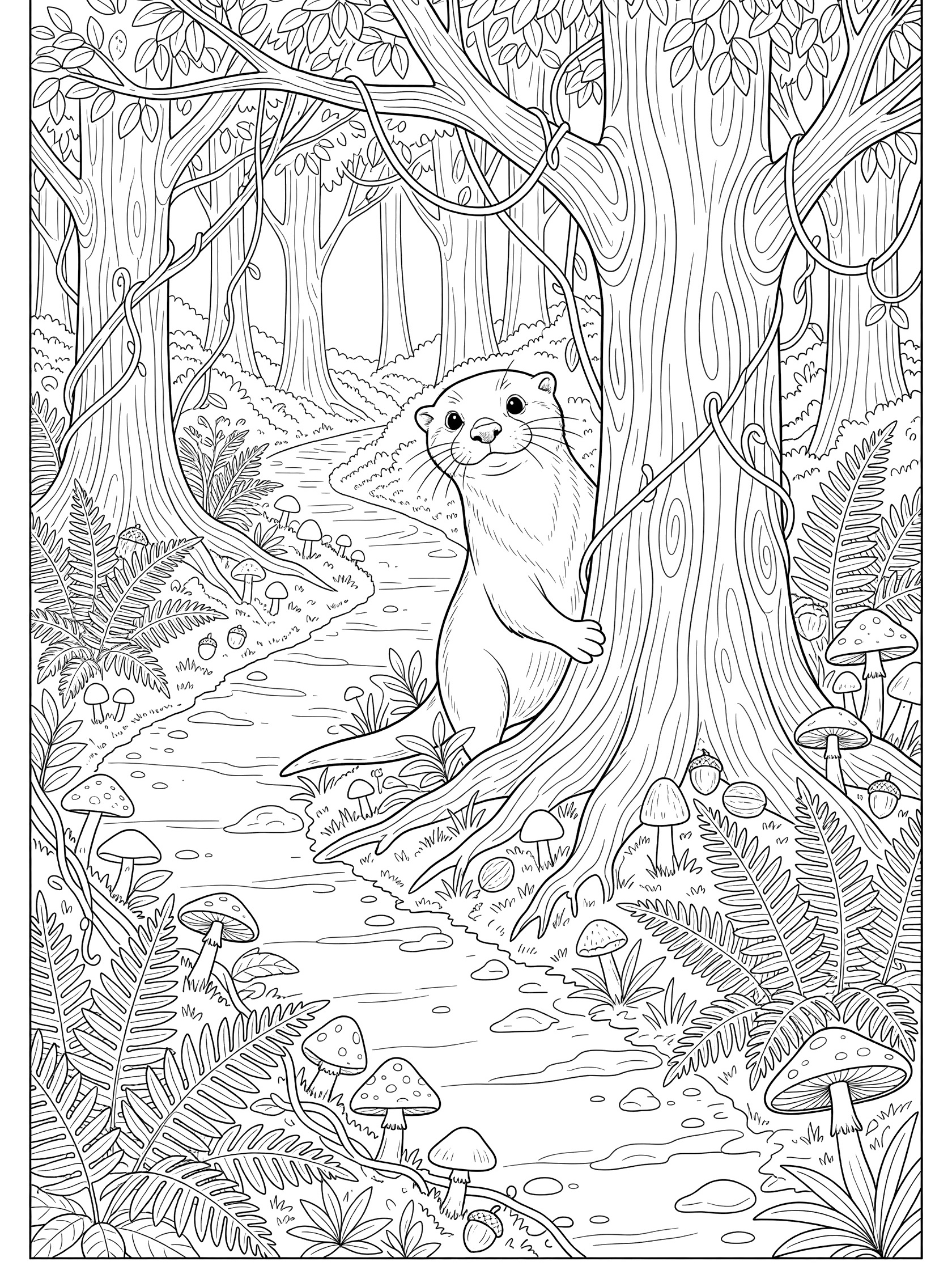 Black and white line art coloring page showing a cute otter peeking around a large tree trunk in a dense forest path with ferns, mushrooms, vines, rocks and nuts.