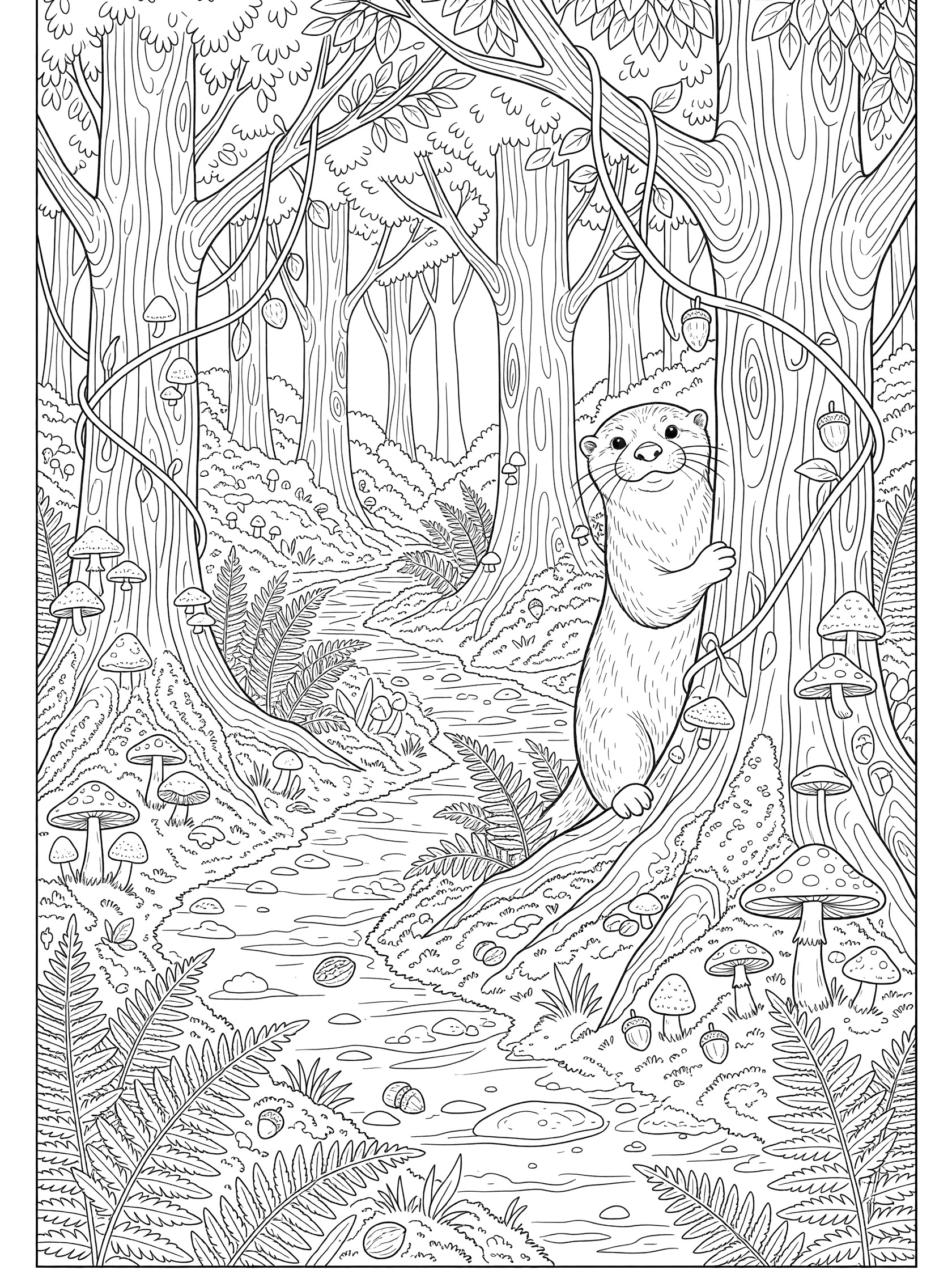 Black and white line art coloring page showing a cute otter standing on hind legs peeking around a tree trunk in a detailed forest with mushrooms, ferns, vines, path, rocks, and nuts.