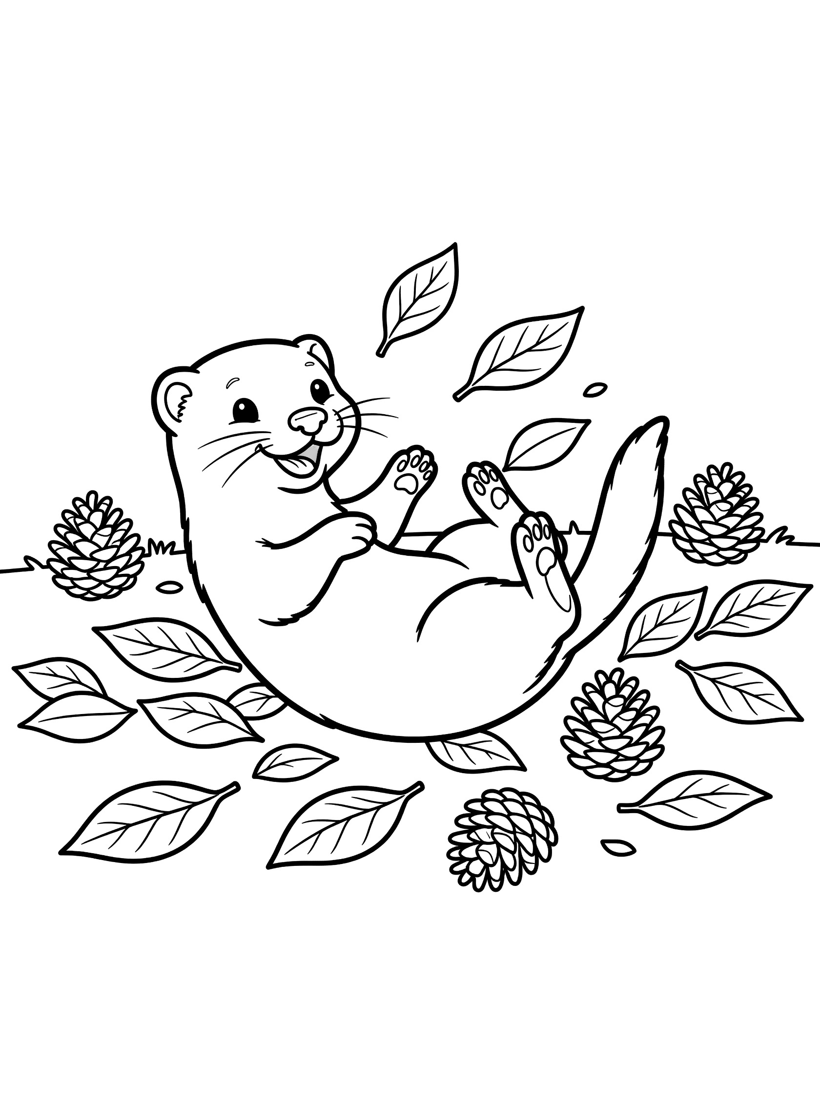Black and white line art coloring page showing a cute cartoon otter playfully rolling on forest floor surrounded by leaves and pinecones. Mink themed black and white printable line art