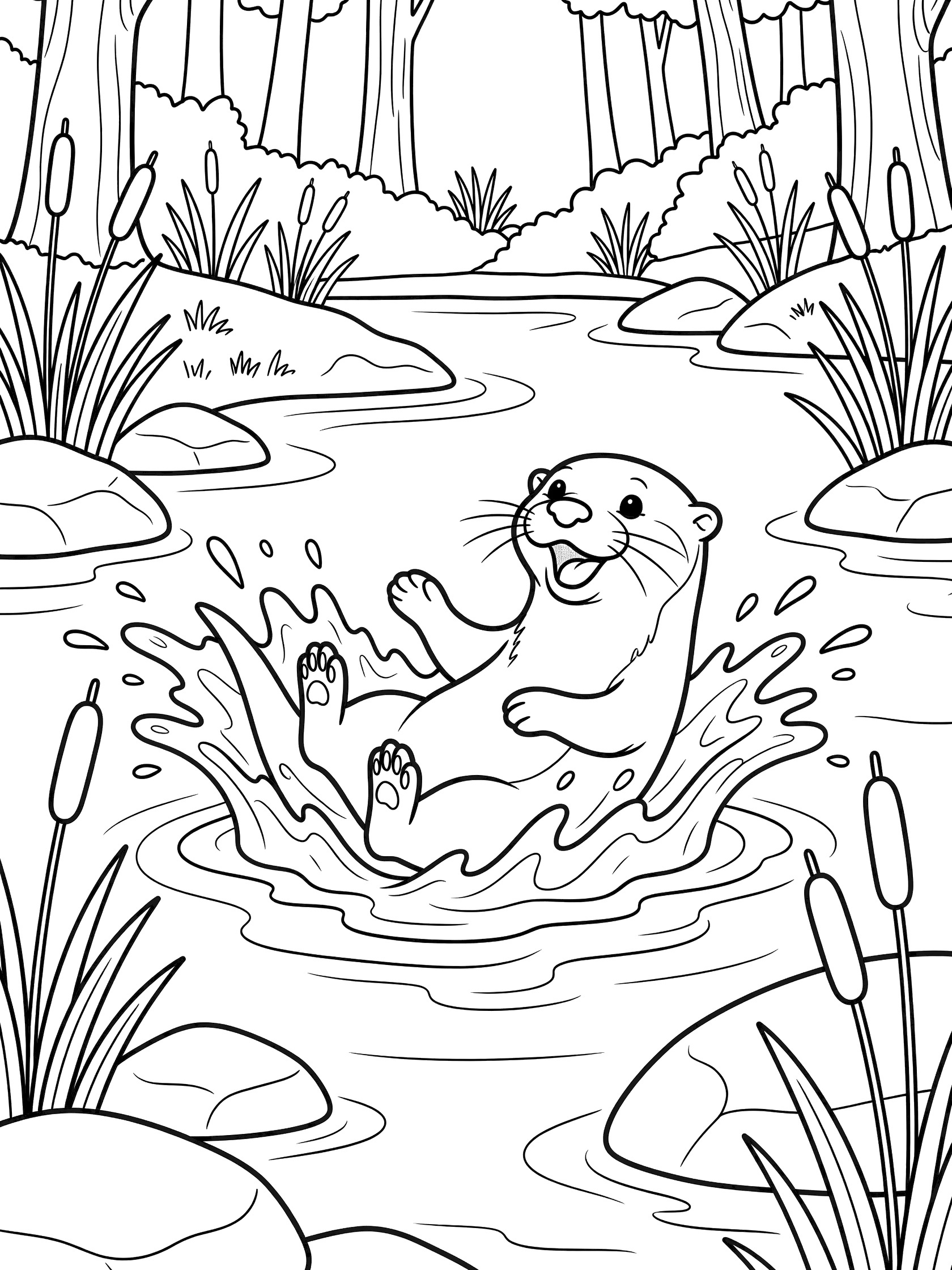 Black and white line art coloring page showing an otter floating on its back kicking up water splashes in a forest stream surrounded by rocks and reeds