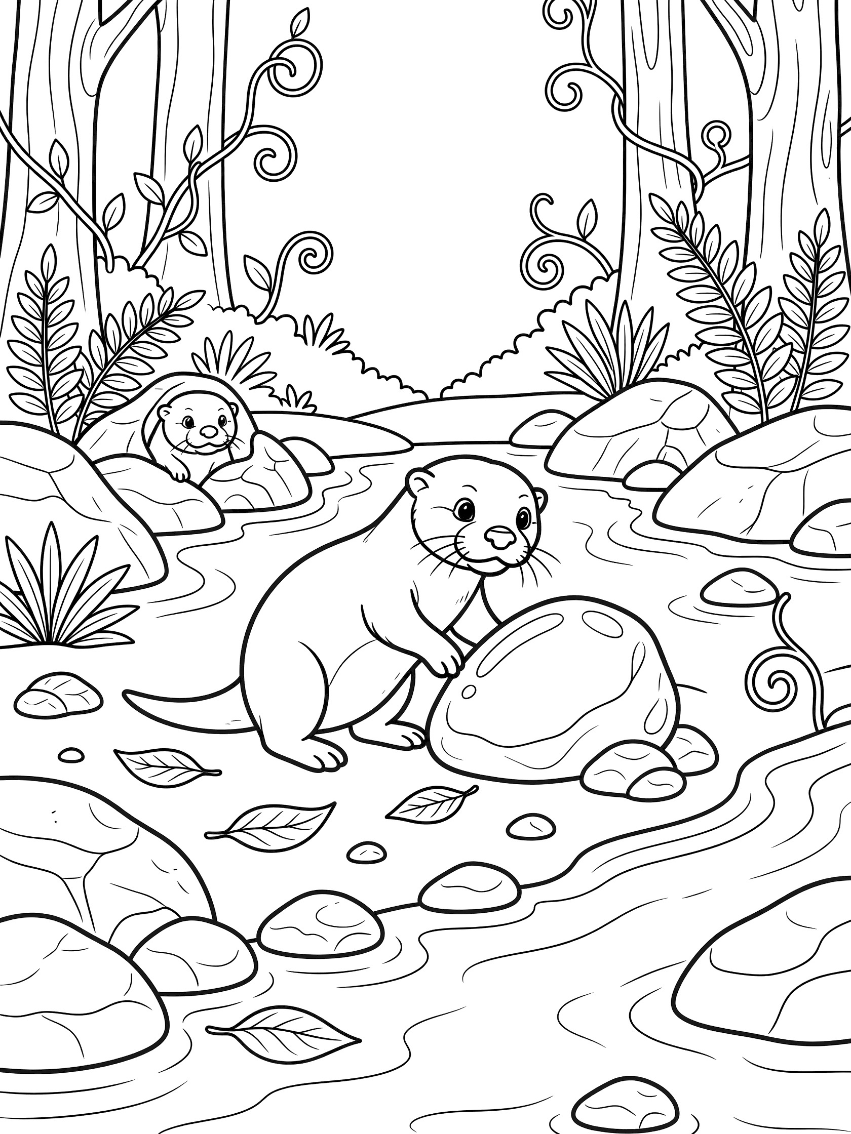 Black and white line art coloring page showing two cute otters by a forest stream with rocks, pebbles, leaves, ferns, vines and trees.