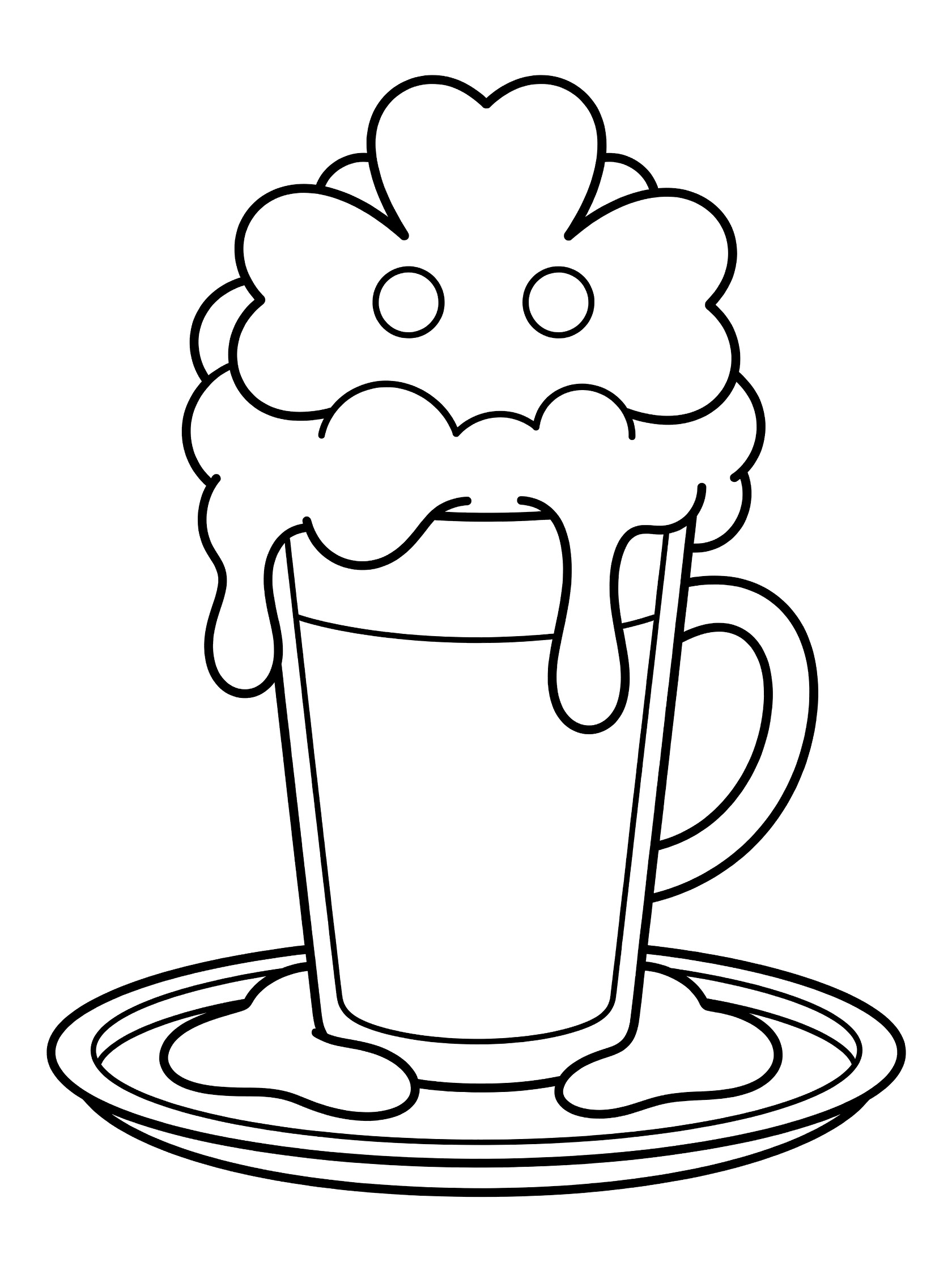 Black and white line art coloring page showing a tall pint glass with handle, overflowing foam shaped like clovers with eyes, foam dripping onto a tray. Beer themed black and white printable line art