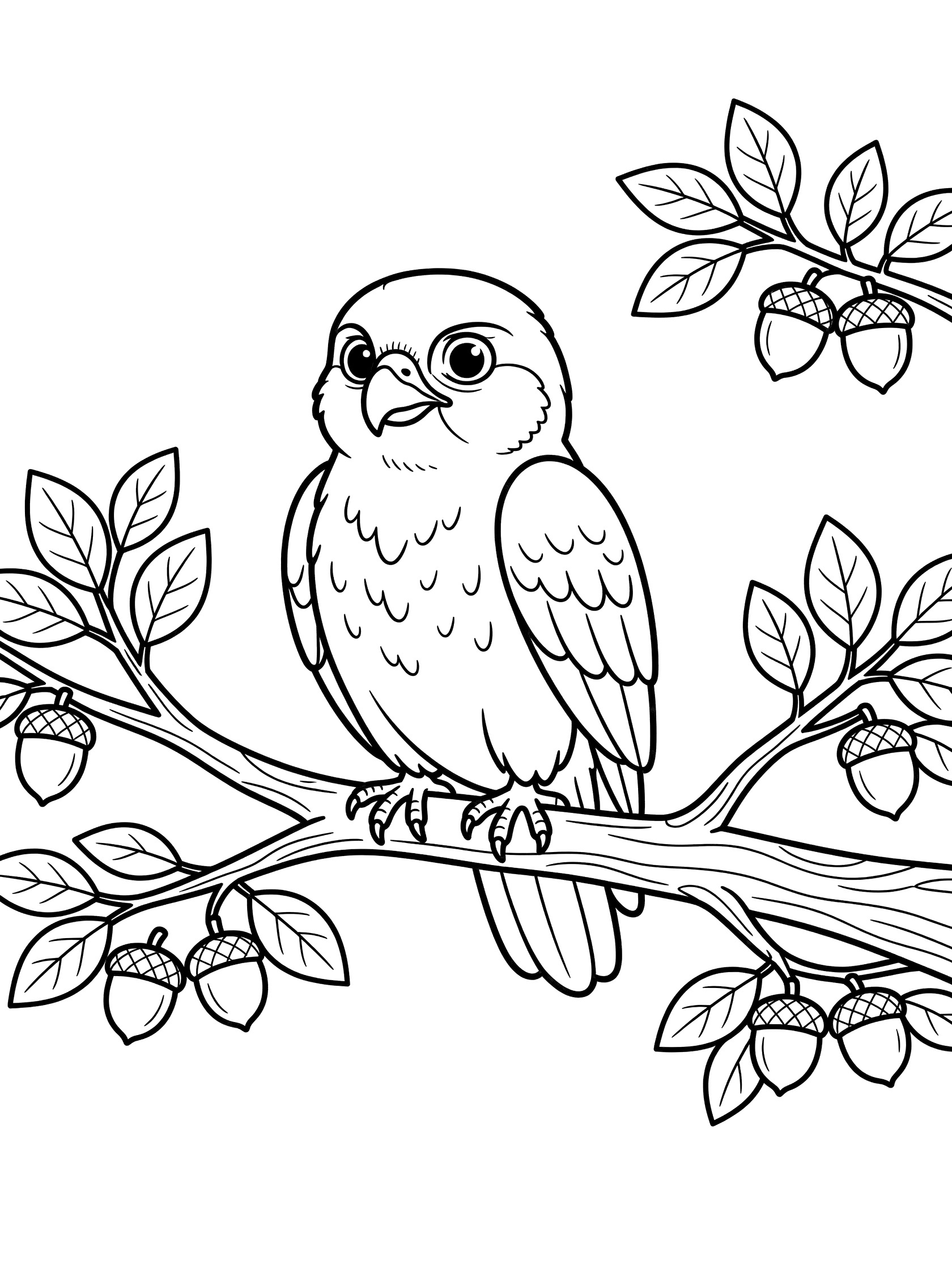 Black and white line drawing of a cute owl perched on a tree branch surrounded by leaves and acorns, printable coloring page. Falcon themed black and white printable line art
