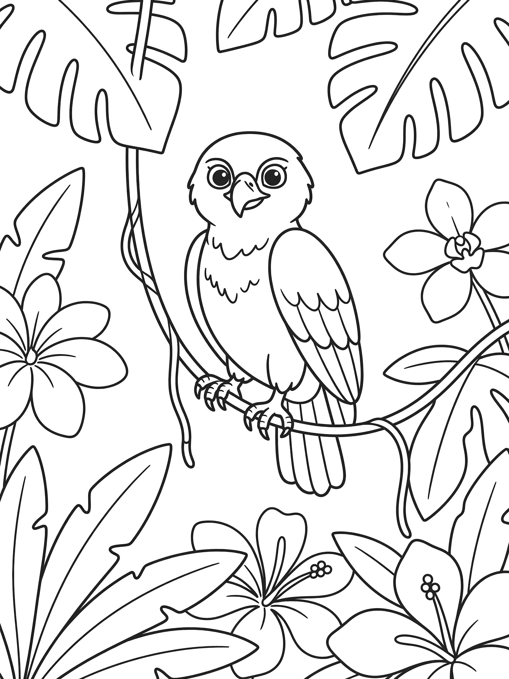 Black and white line art coloring page showing a small owl with big eyes clinging to a vine, surrounded by large leaves and flowers. Harpy Eagle themed black and white printable line art