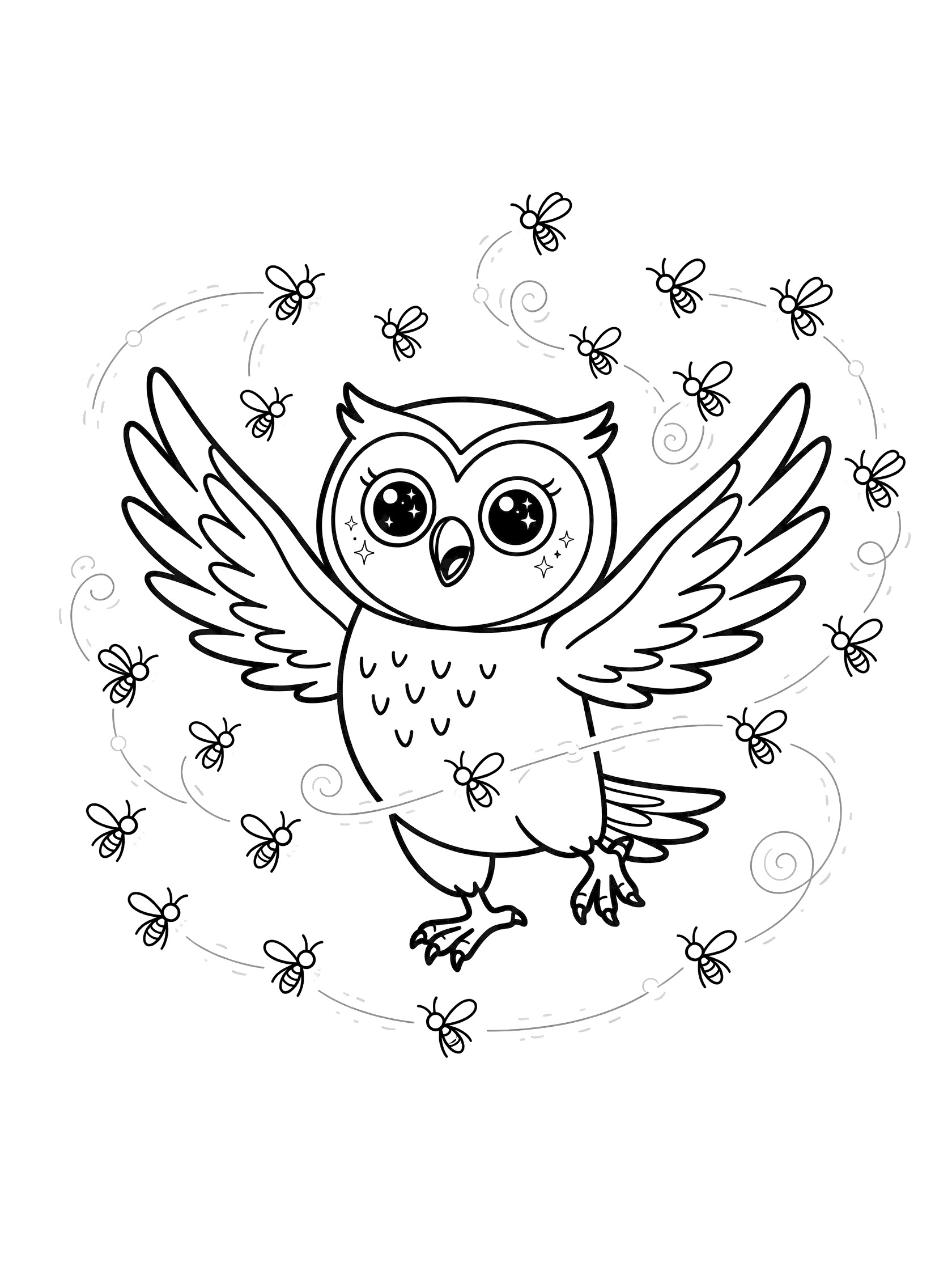 Black and white line art coloring page showing a cute owl with large eyes, outstretched wings, and talons, circled by many flying bees with swirling trails.