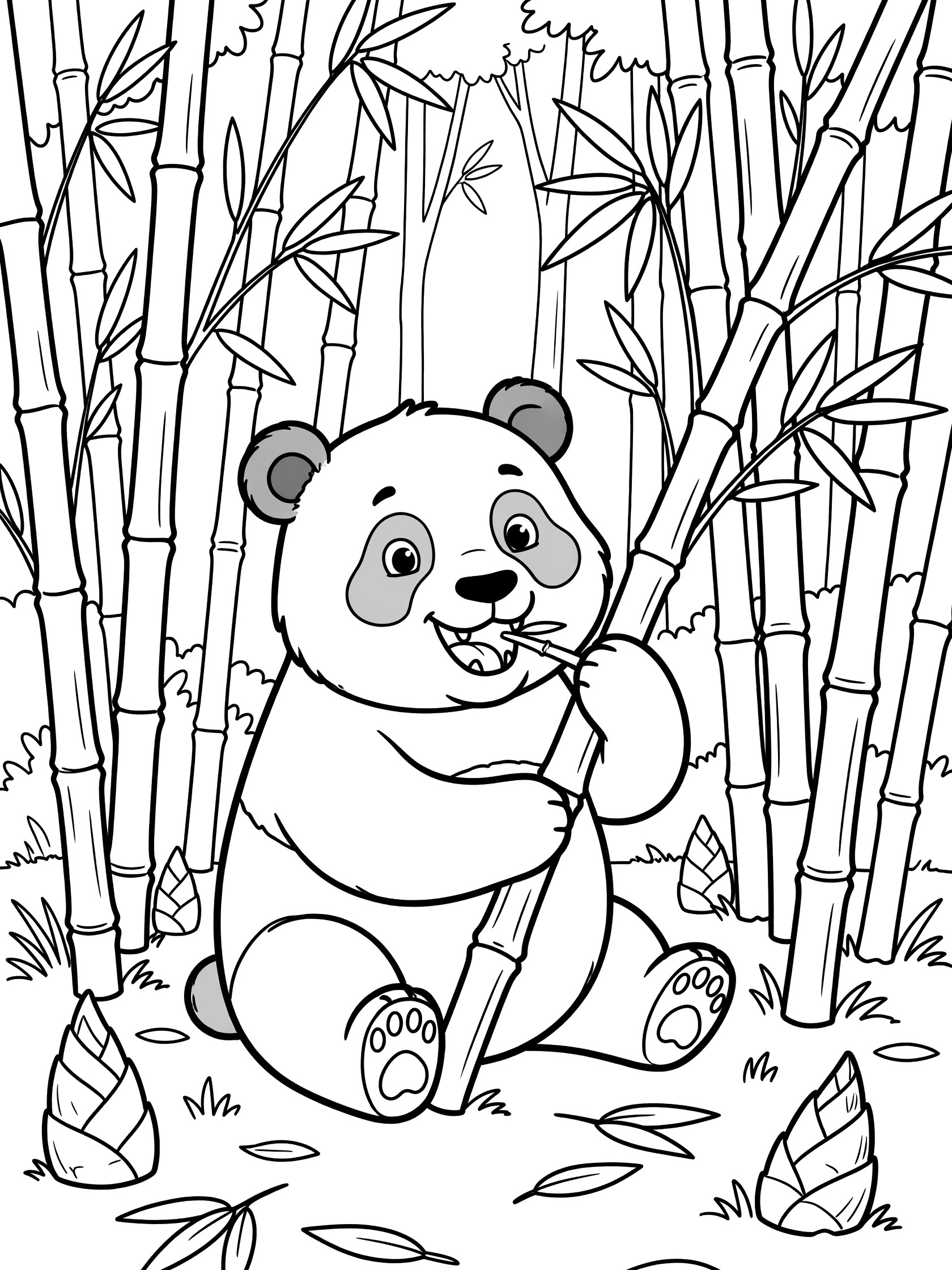 Black and white line art coloring page showing a chubby panda sitting and eating a bamboo stalk surrounded by tall bamboo plants, leaves, and shoots in a forest clearing.