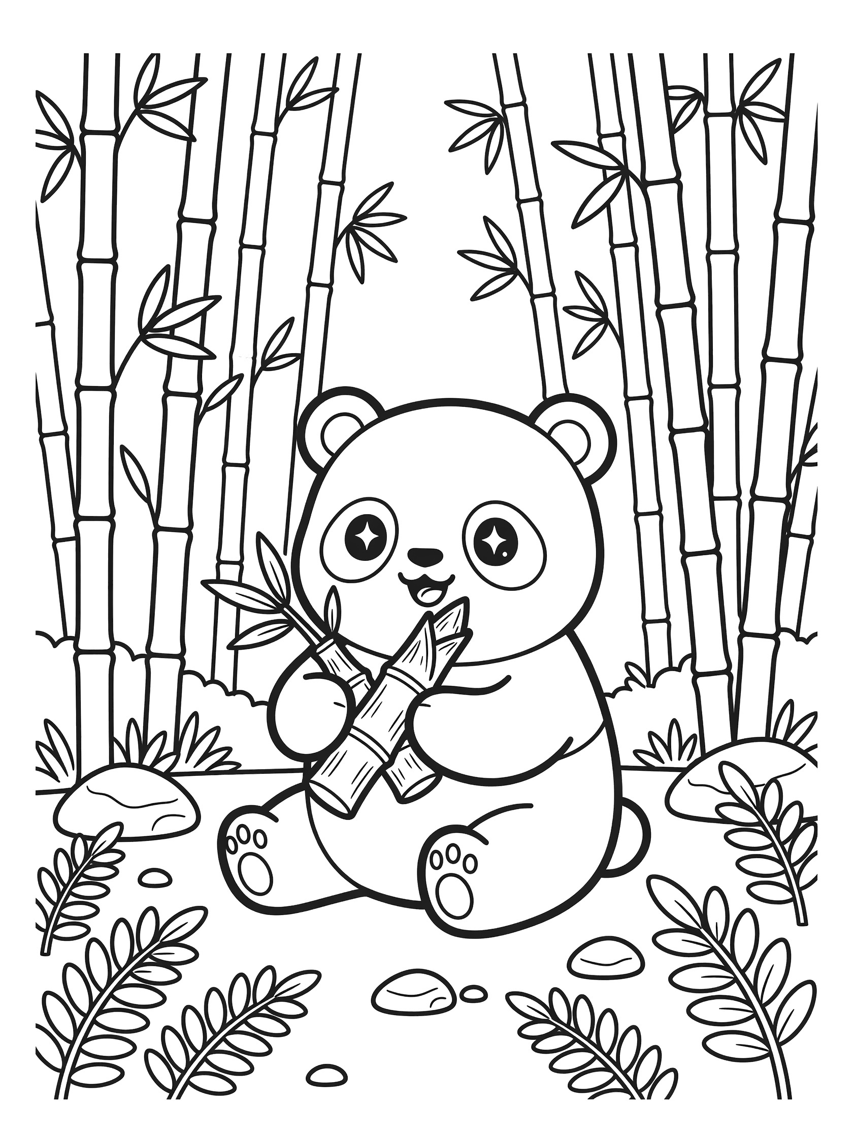 Kawaii panda sitting happily eating a bamboo shoot surrounded by tall bamboo, ferns, and pebbles in Asia forests coloring page