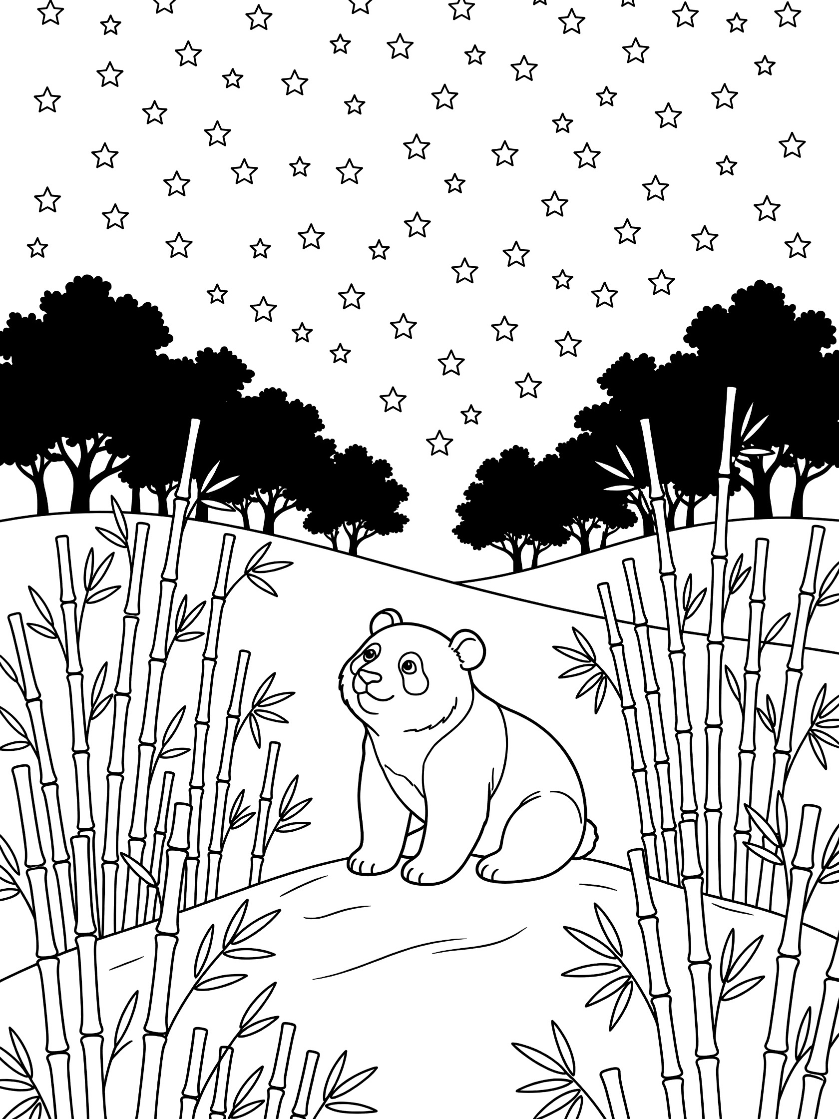 Black and white line art coloring page showing a panda sitting on a grassy hill surrounded by bamboo stalks, gazing upward at a starry sky with silhouetted trees in the background.