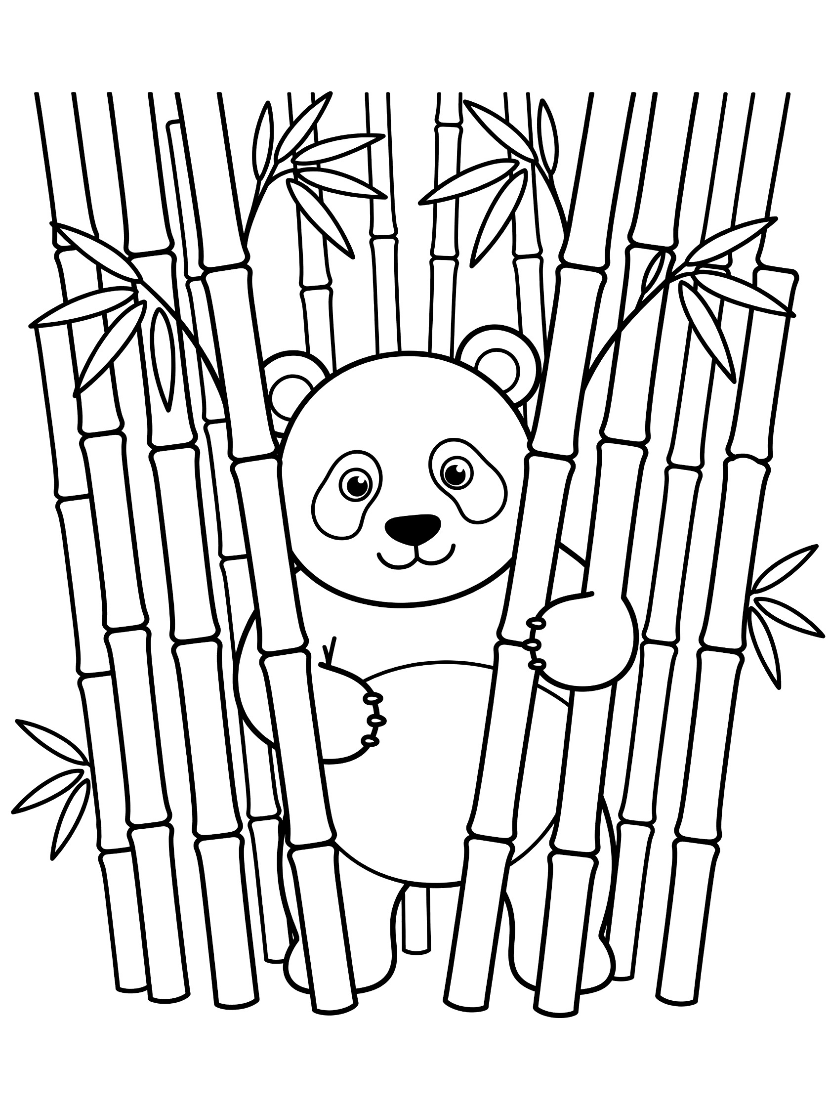 Black and white line art coloring page showing a panda face and paws peeking playfully from behind tall bamboo stalks in a grove