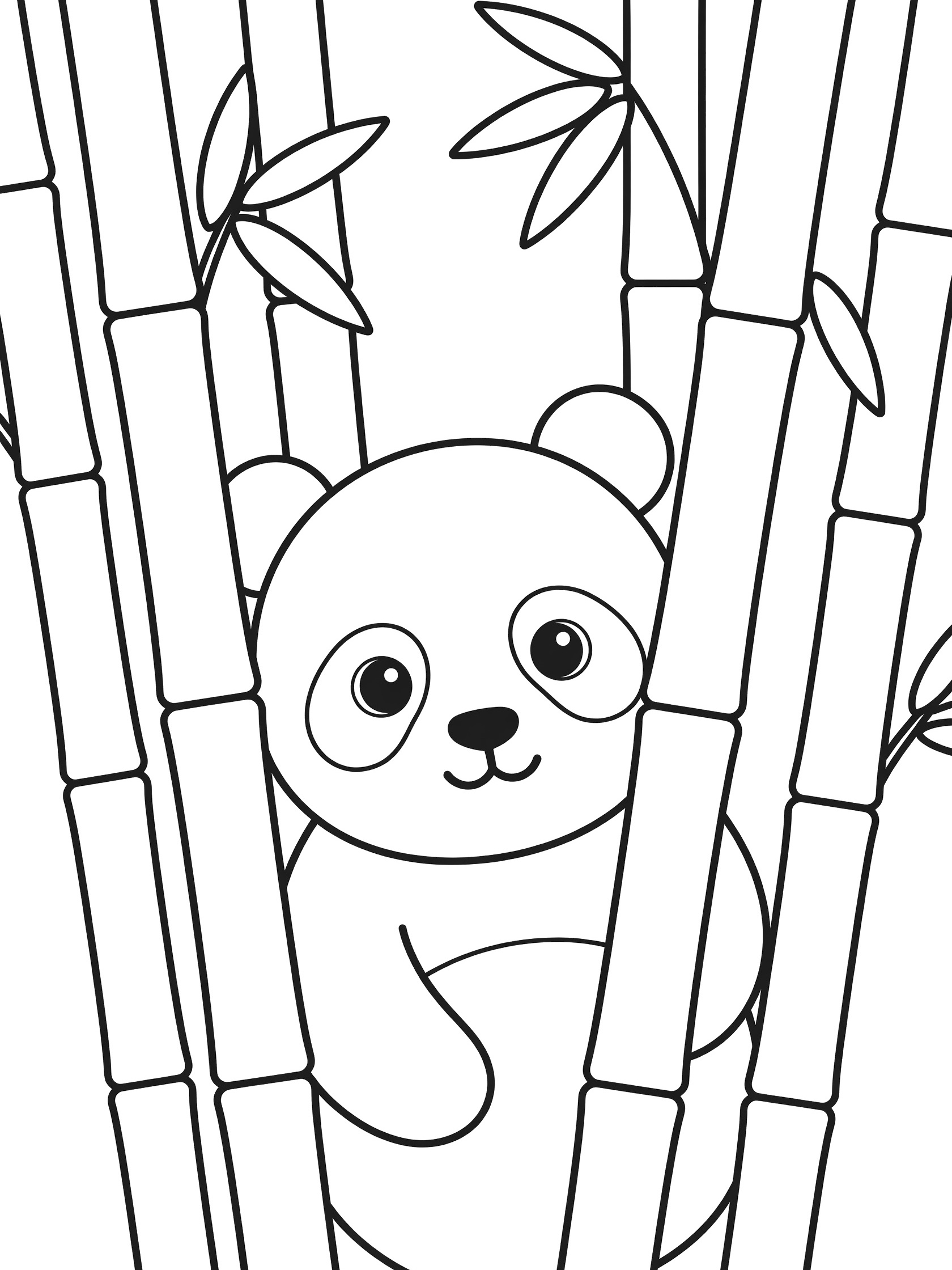 Black and white line art coloring page showing a shy panda with big eyes peeking from behind tall bamboo stalks and leaves