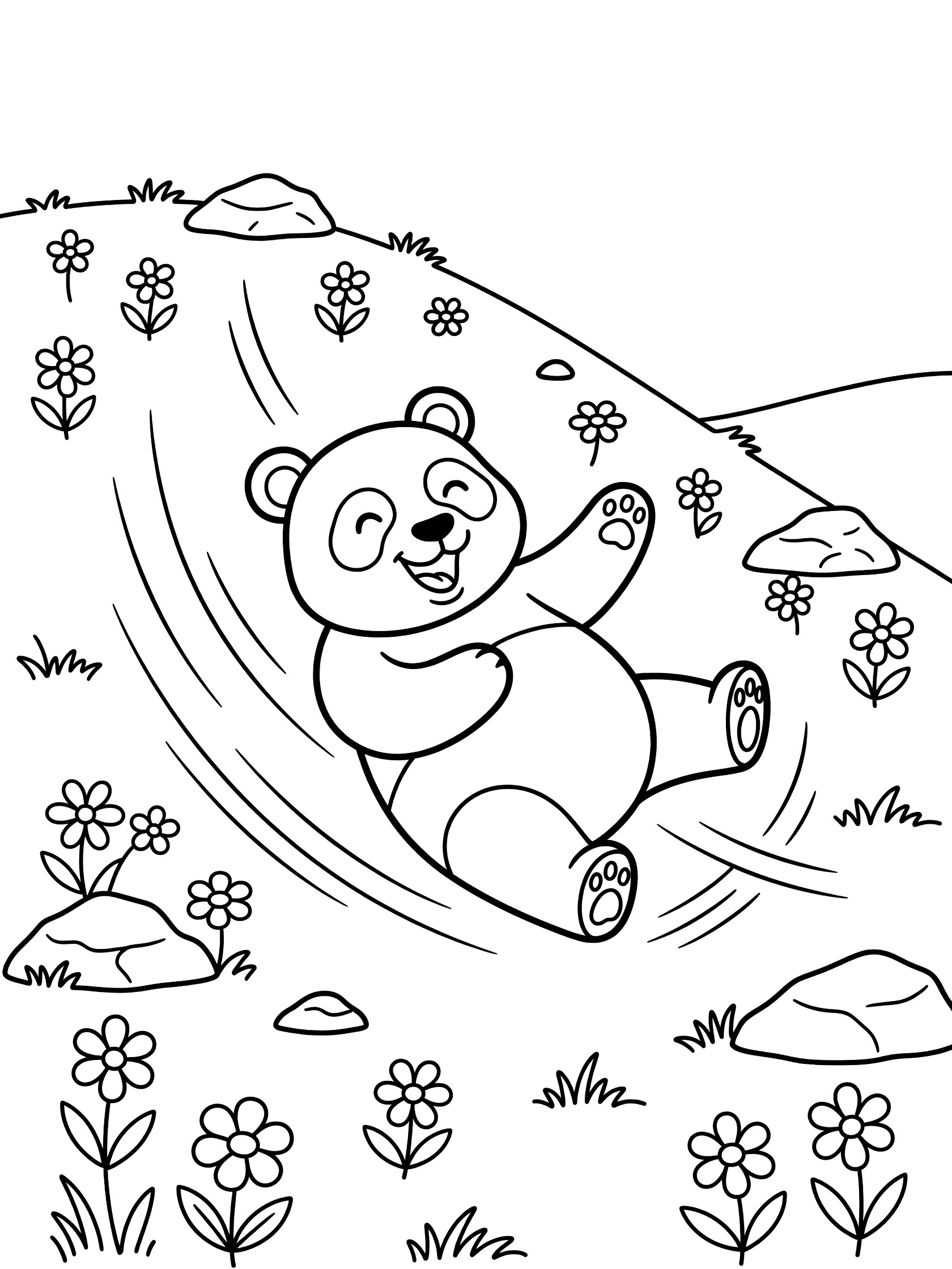 Black and white line art coloring page showing a joyful panda tumbling down a grassy hill surrounded by wildflowers and rocks.