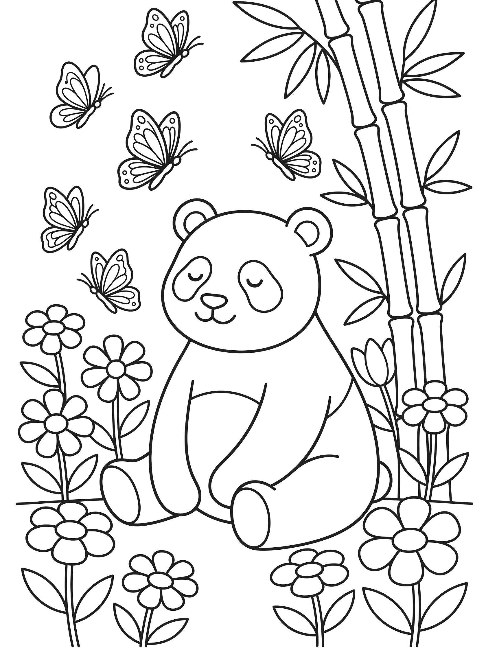 Black and white line art coloring page showing a calm panda sitting with eyes closed surrounded by flying butterflies bamboo stalks and blooming flowers