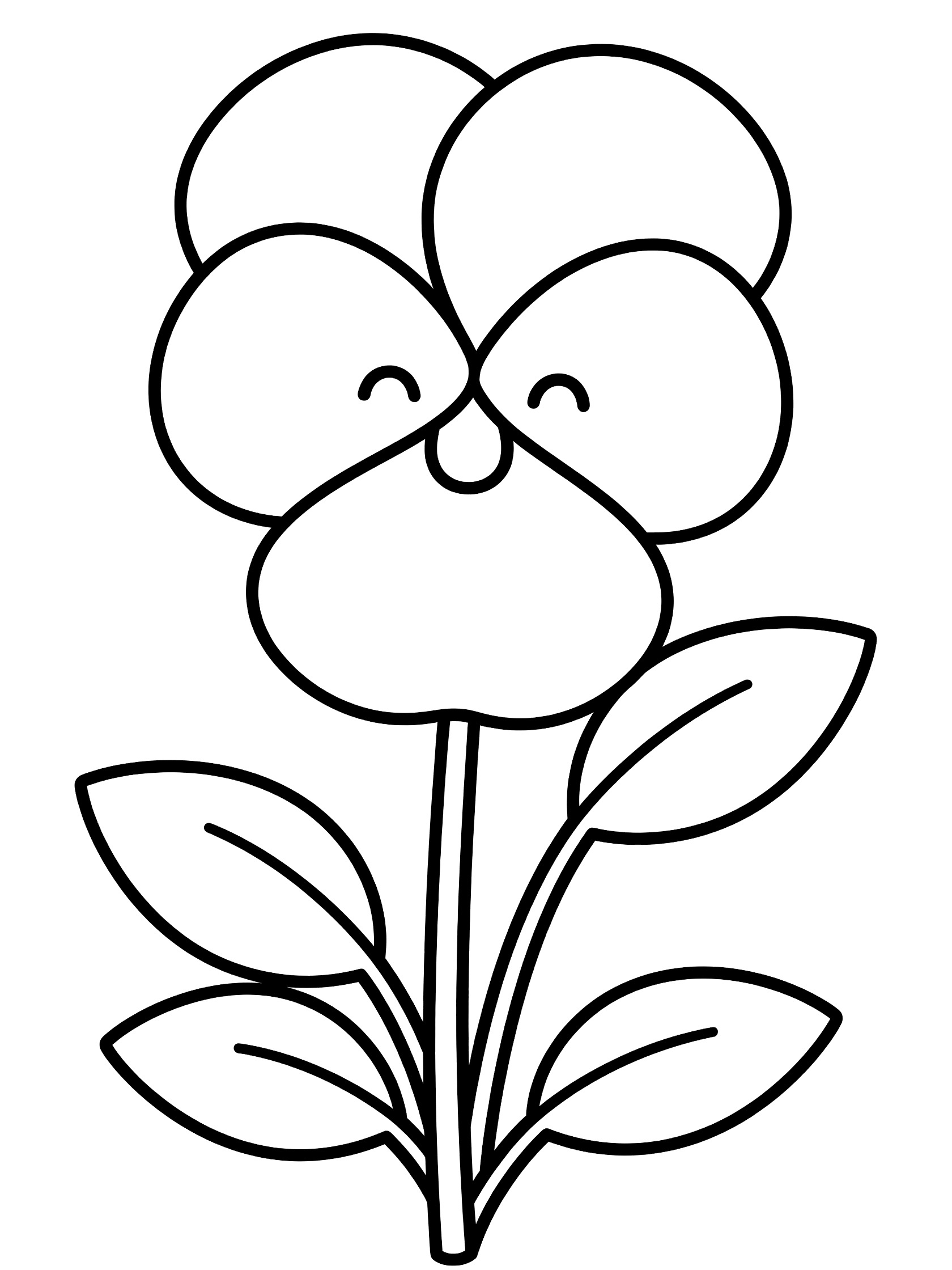 Black and white line art of a single cute pansy flower with smiling face center, five rounded petals, thin stem and simple leaves, fully outlined for coloring.