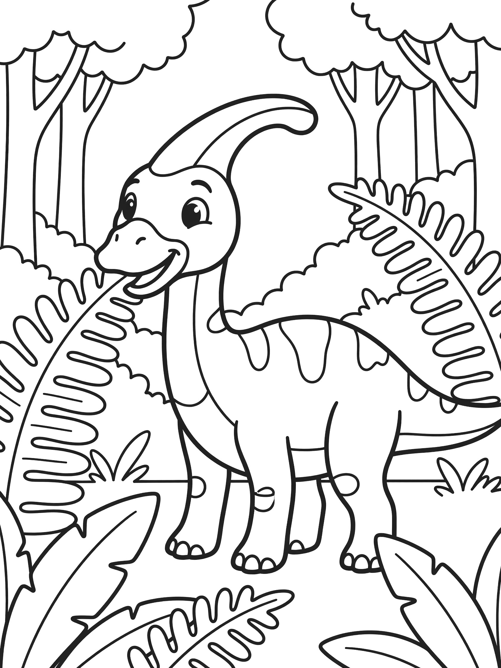 Line art coloring page showing a happy Parasaurolophus dinosaur with curved crest bending to eat large ferns, surrounded by trees and bushes.