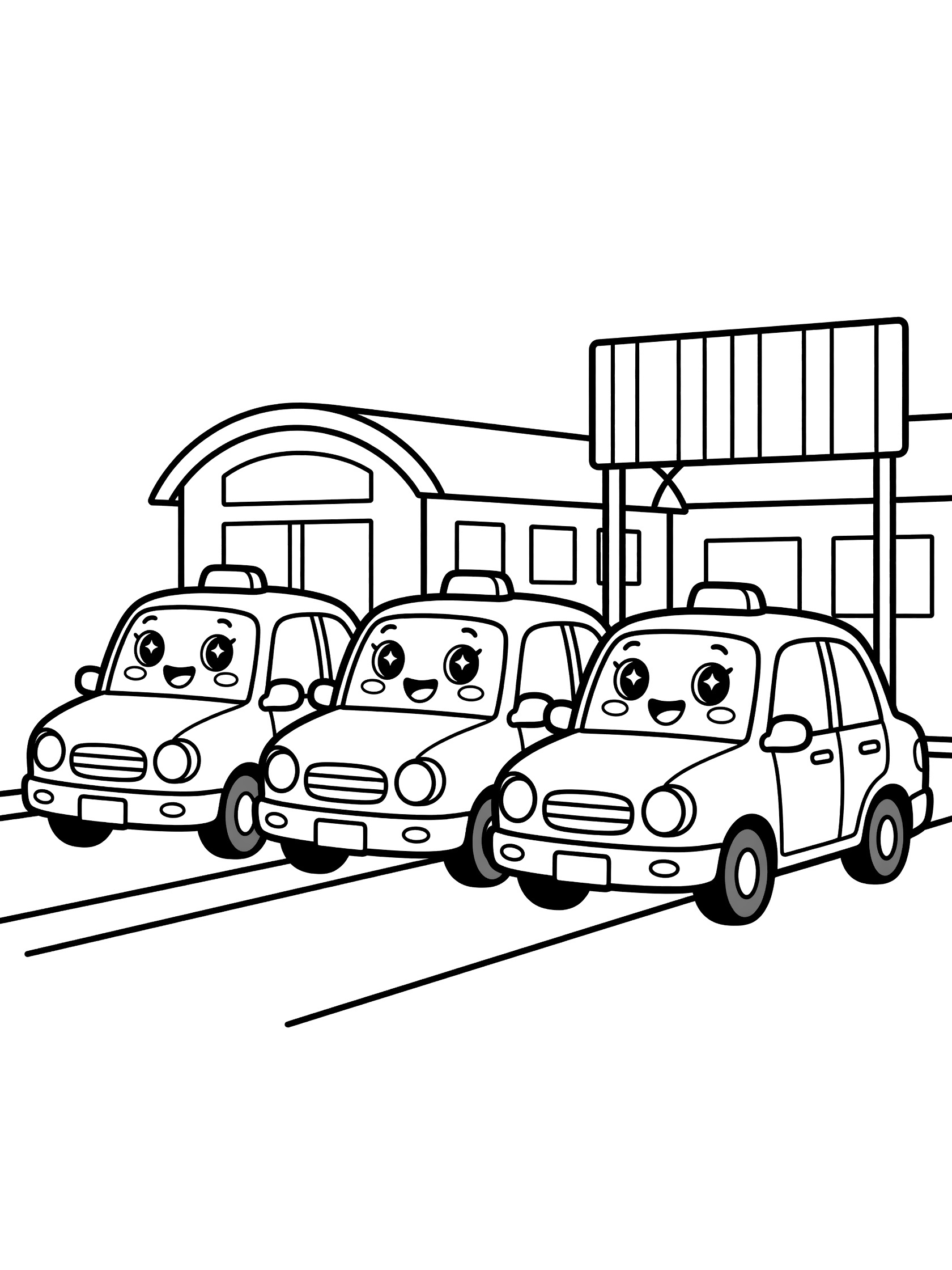 Kawaii line art coloring page with three adorable parked taxis with sparkling eyes and smiles at a train station stand, clean outlines on white background.