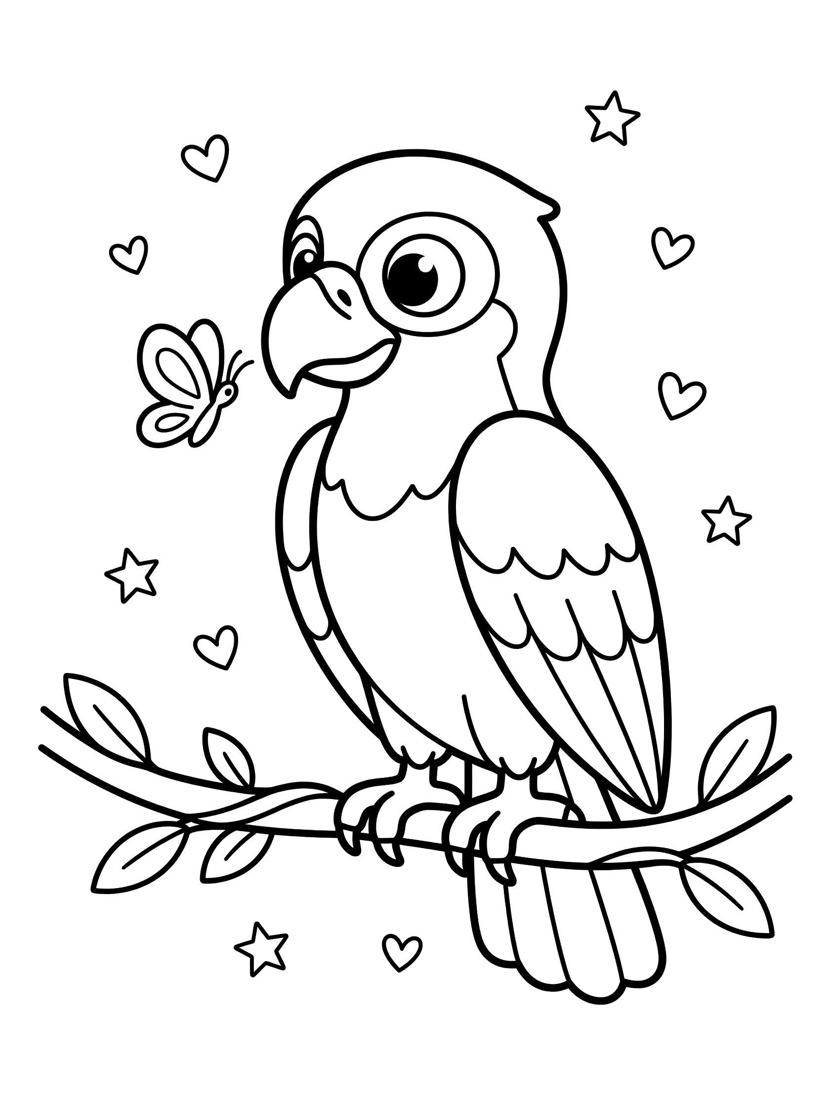 Black and white line art coloring page showing a cute parrot with big eyes perched on a vine branch, a butterfly landing on its beak, surrounded by hearts and stars. Harpy Eagle themed black and white printable line art