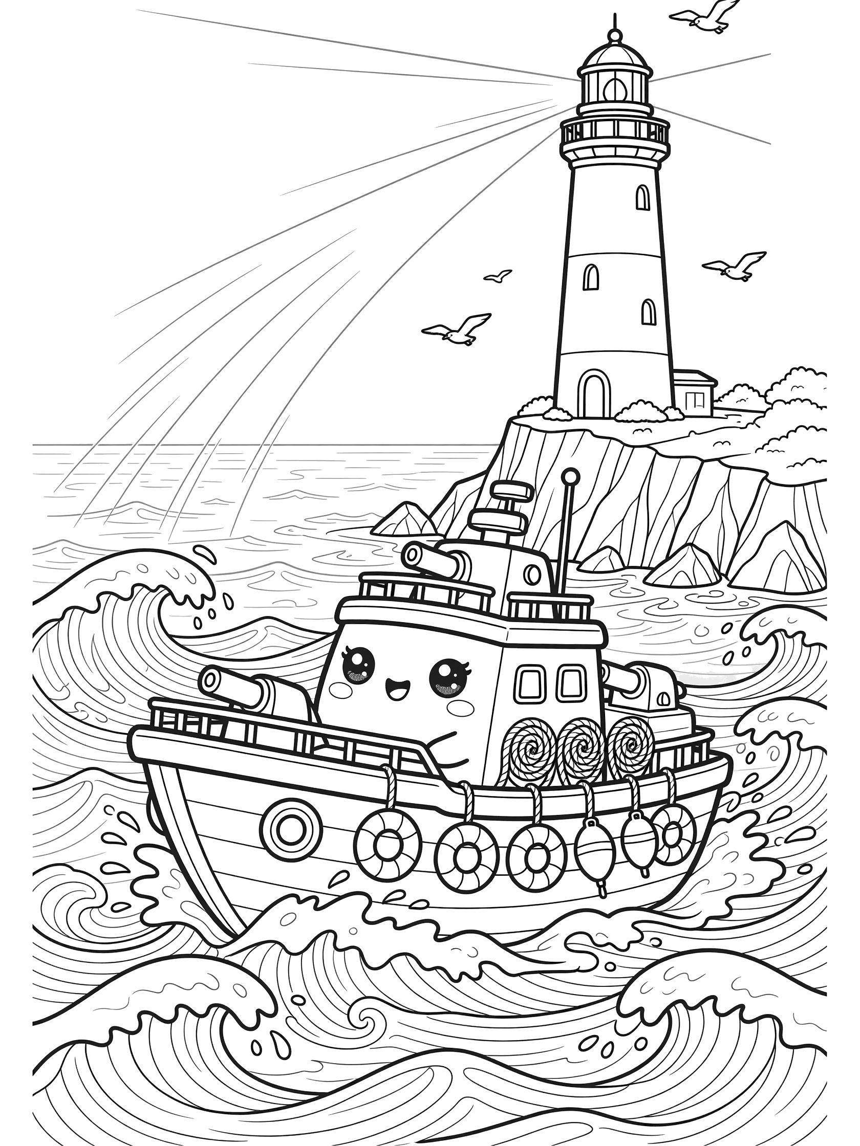 Kawaii-style black and white coloring page of a cute patrol boat with sparkling eyes and rosy cheeks watching a tall lighthouse amid ocean waves and seagulls.
