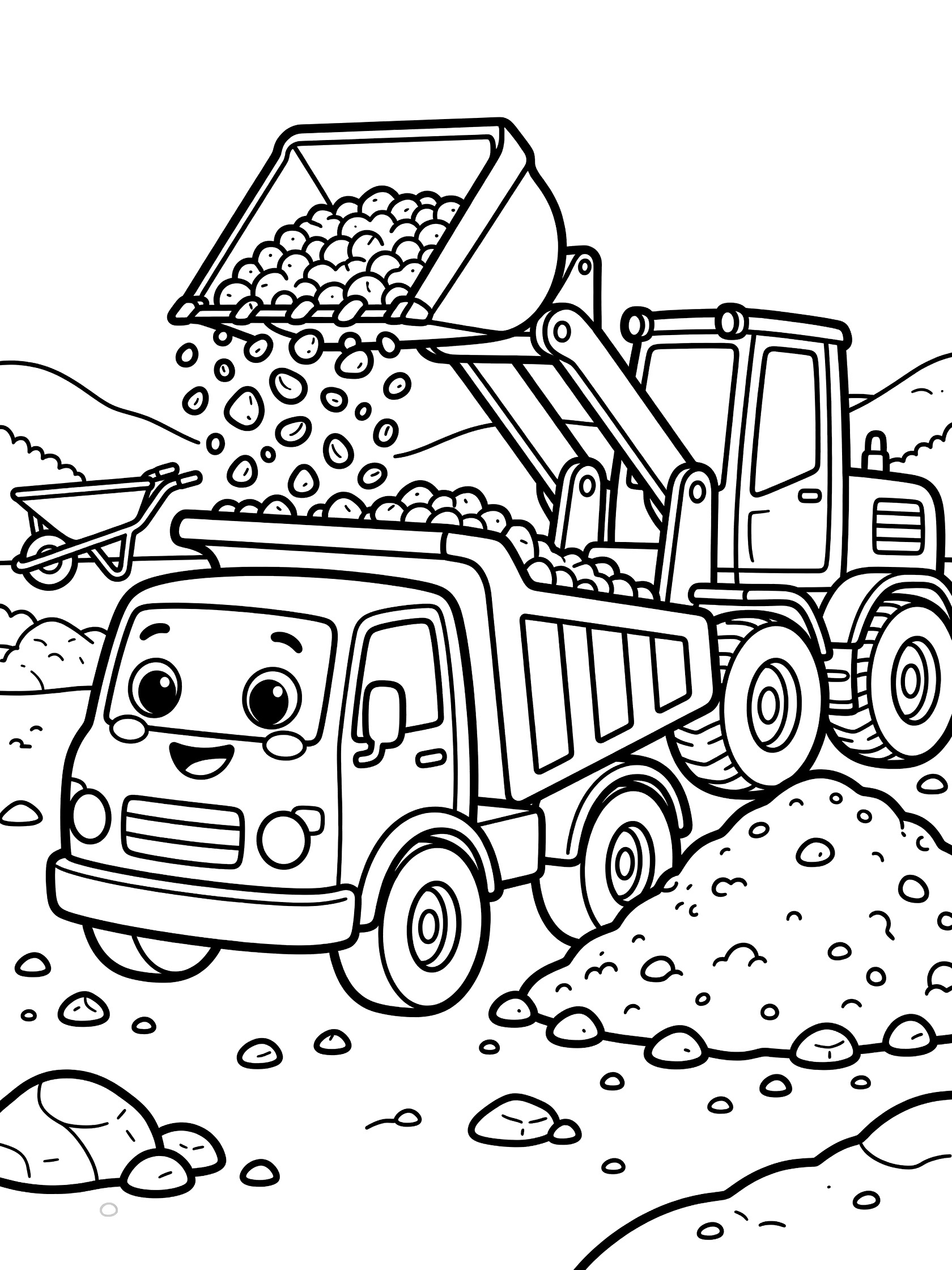 Black-and-white coloring page of a cute payload dumper truck with big eyes and smile, tilting bed to load chunky gravel from a loader bucket at construction site.