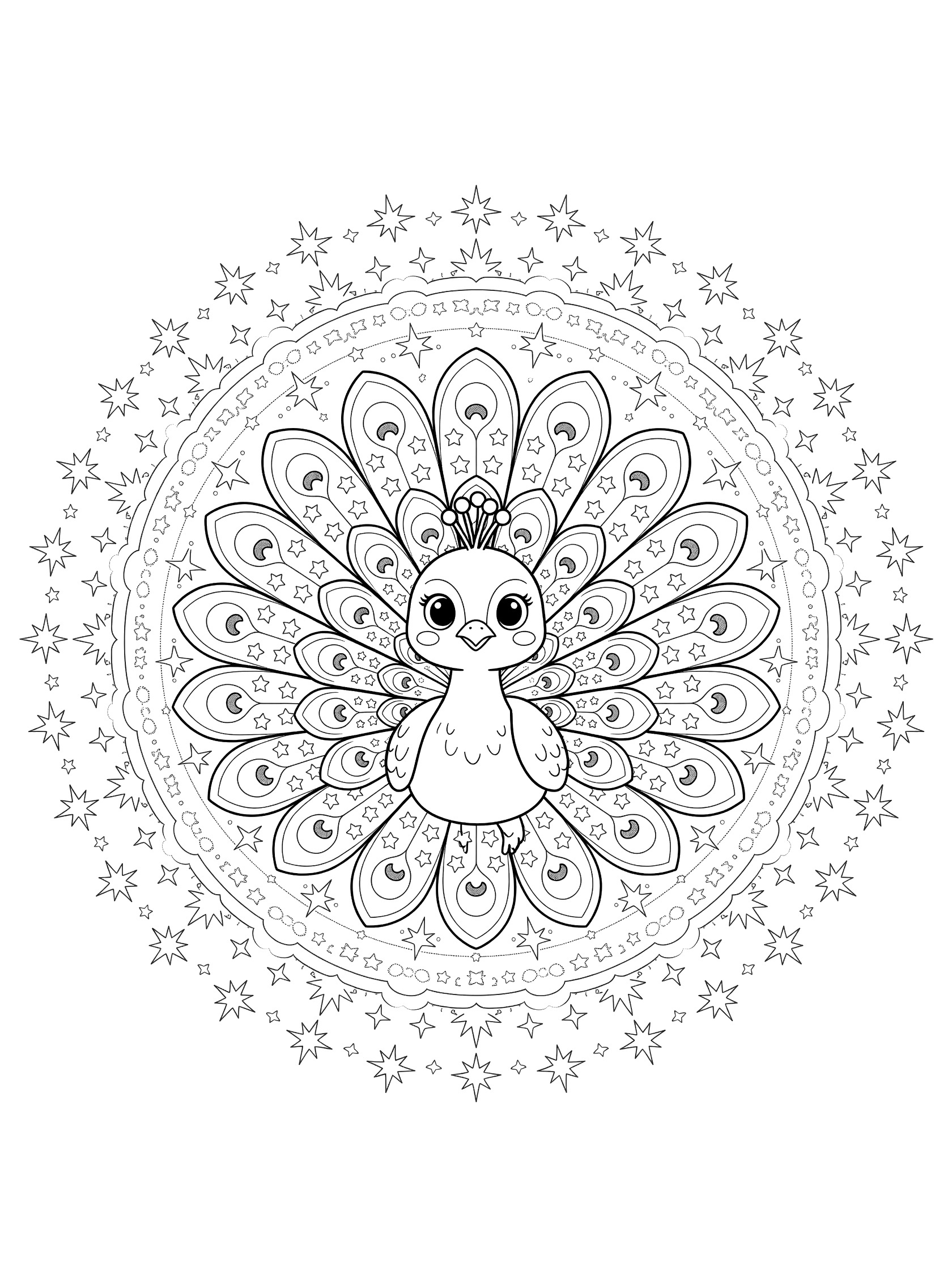 Black and white line art coloring page of a kawaii peacock mandala with big eyes, crown, starry feathers, and symmetrical sparkle patterns.