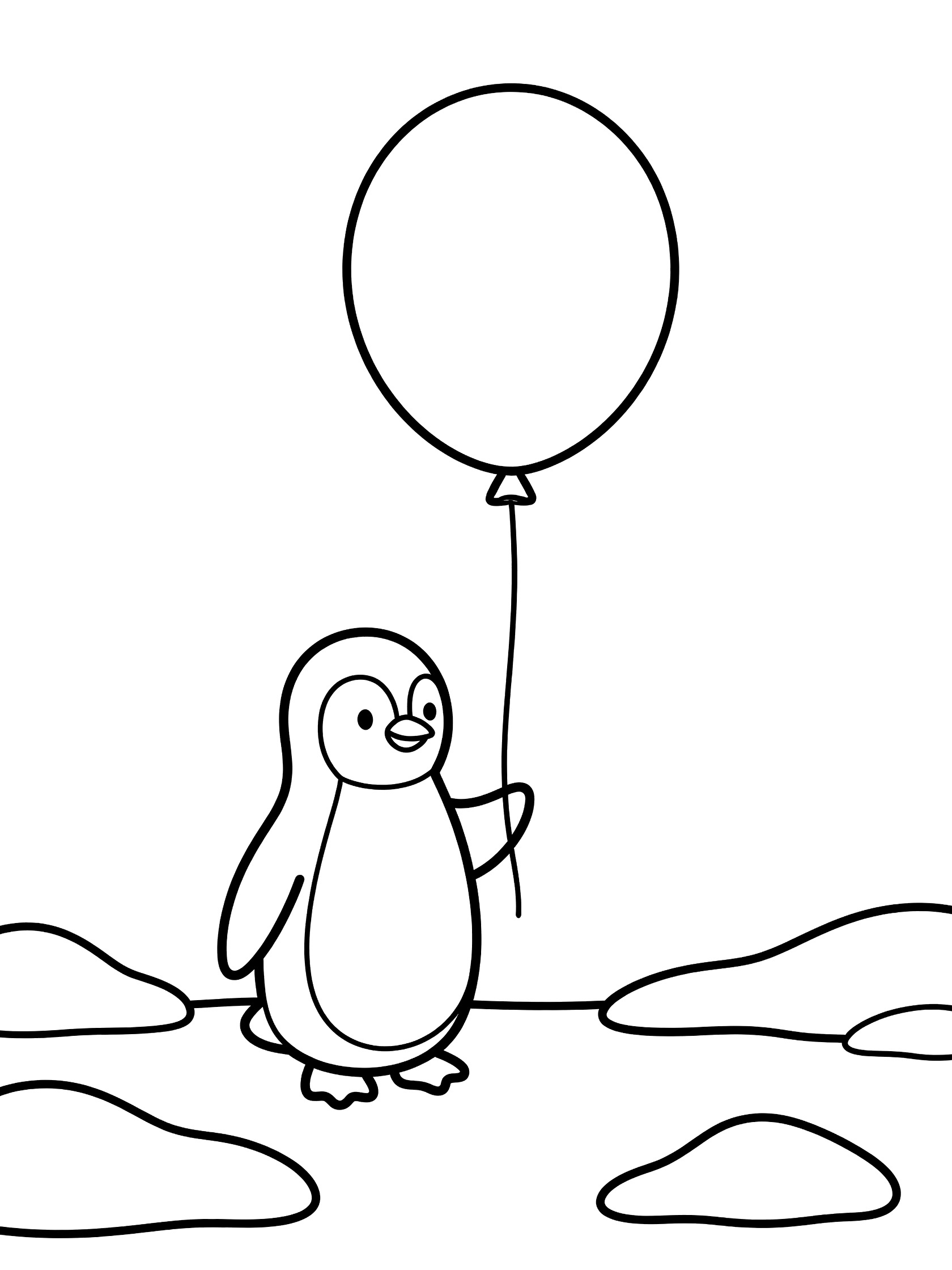 Black and white line art coloring page showing a cute penguin standing on snow holding a string to a large round balloon.