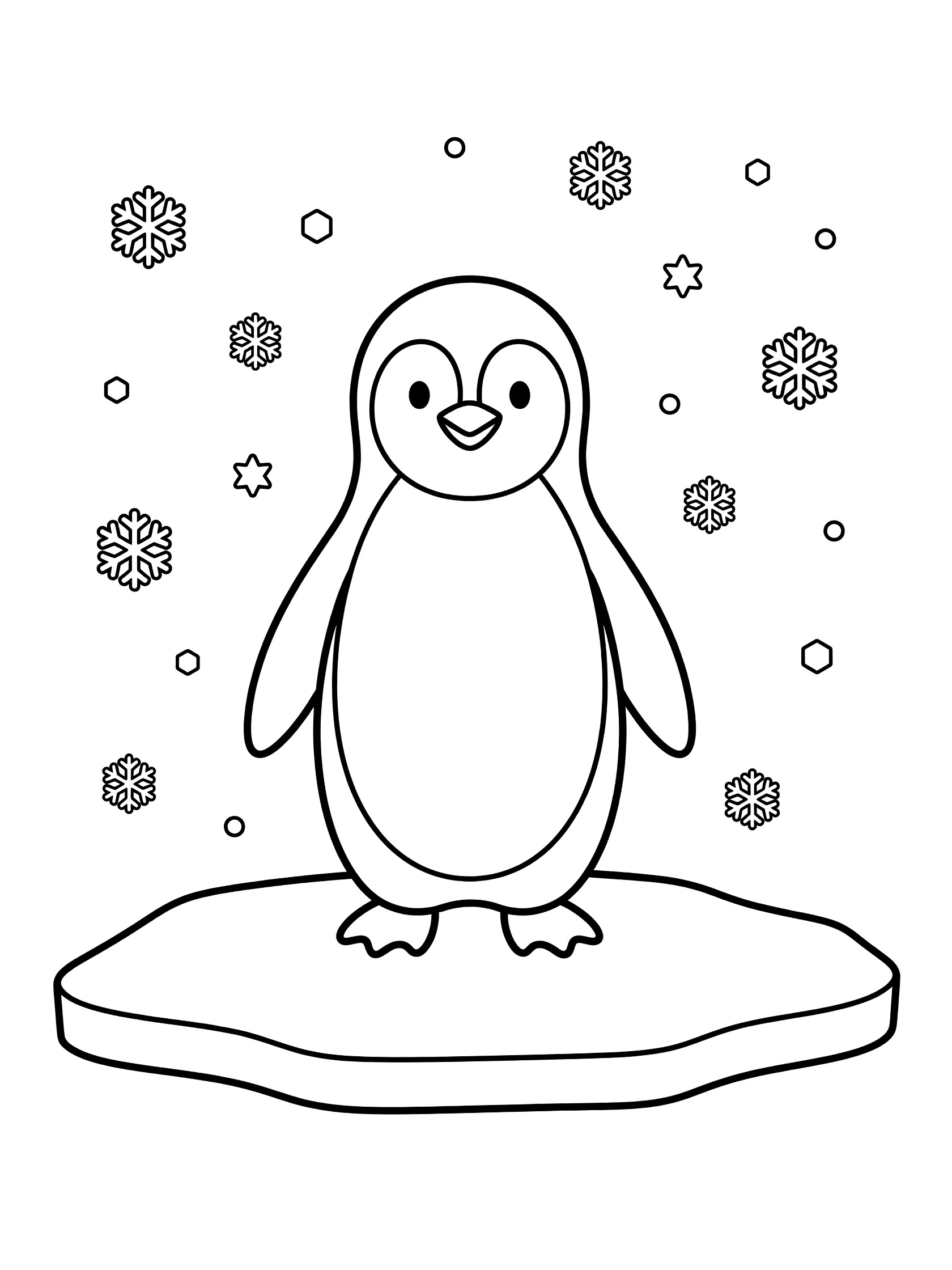 Black and white line art coloring page showing a cheerful penguin with flippers at sides standing on an ice floe surrounded by snowflakes