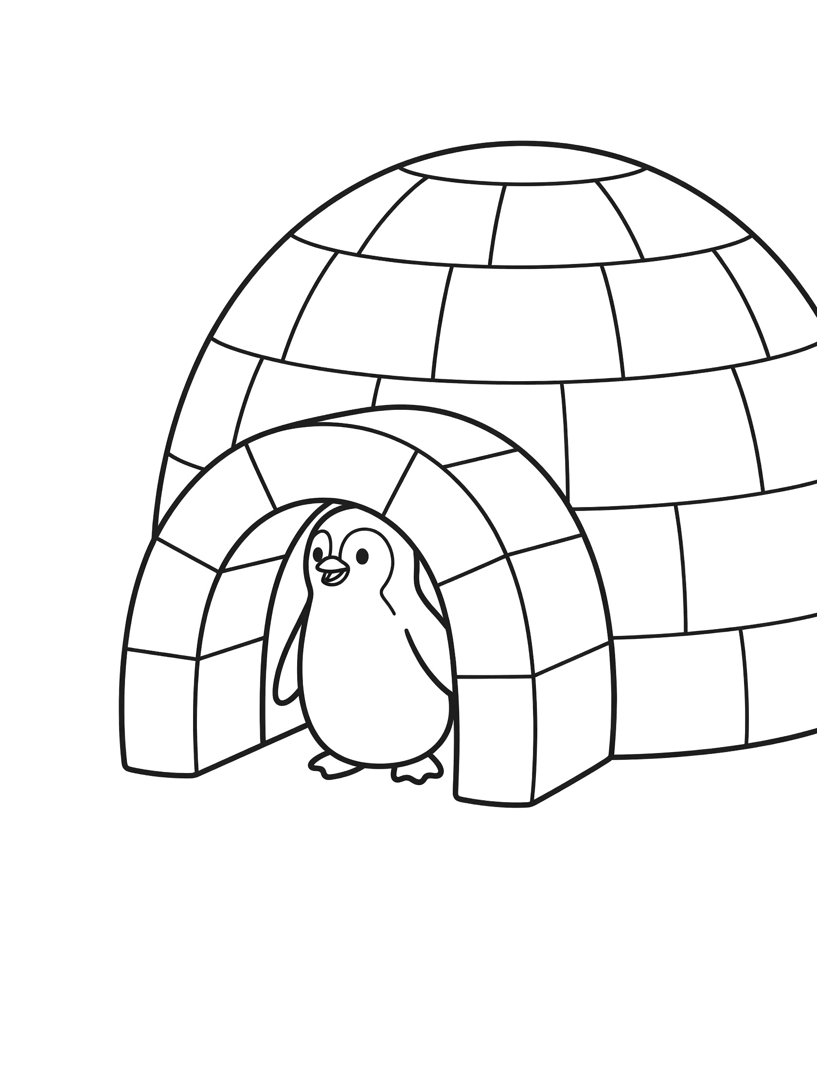 Black and white line art coloring page showing a penguin standing at the arched entrance of a blocky igloo made of snow.