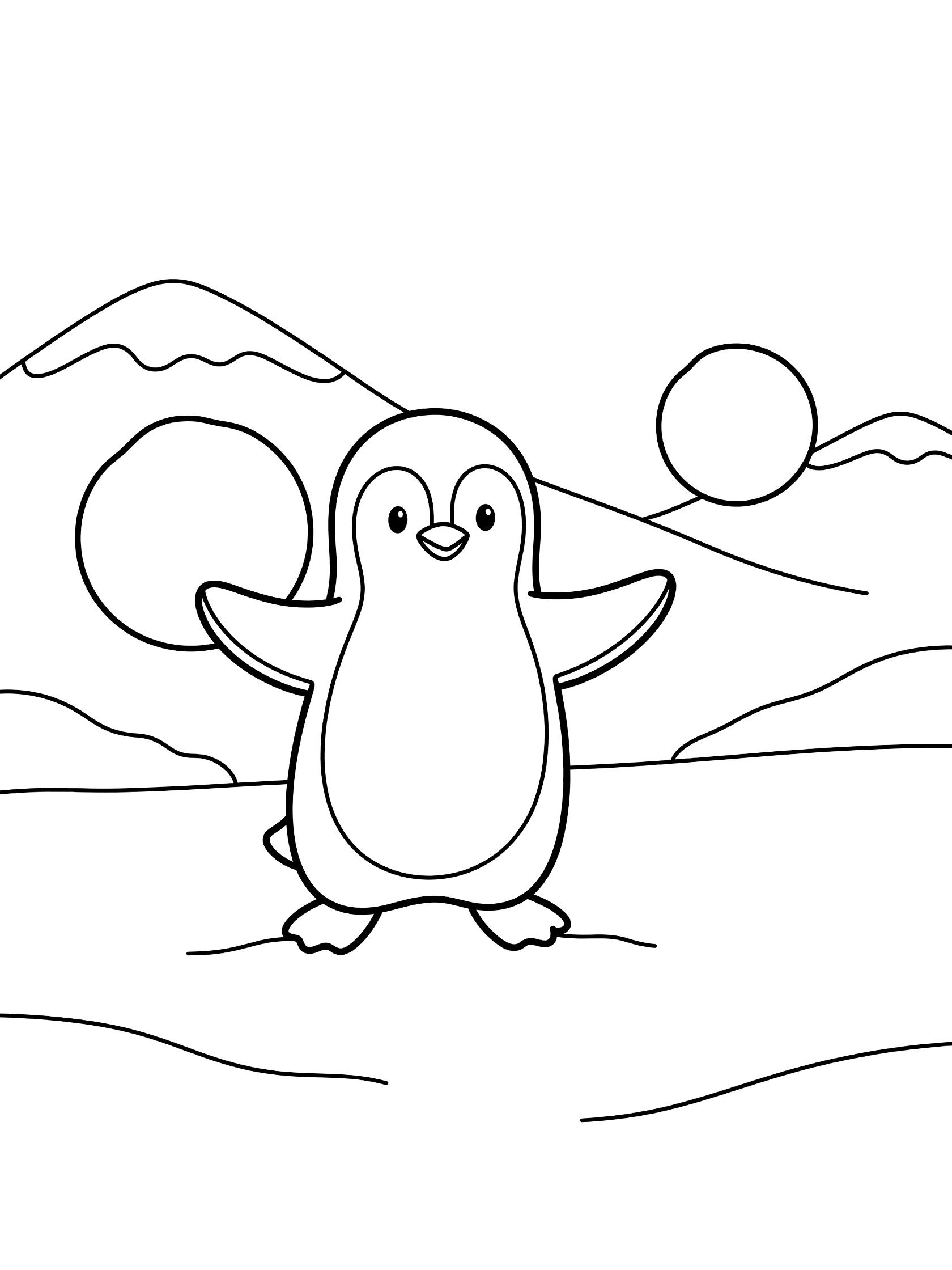 Black and white line art coloring page showing a cute penguin with flippers out throwing a snowball, another snowball in air, on snowy ground with hills, clean outlines.