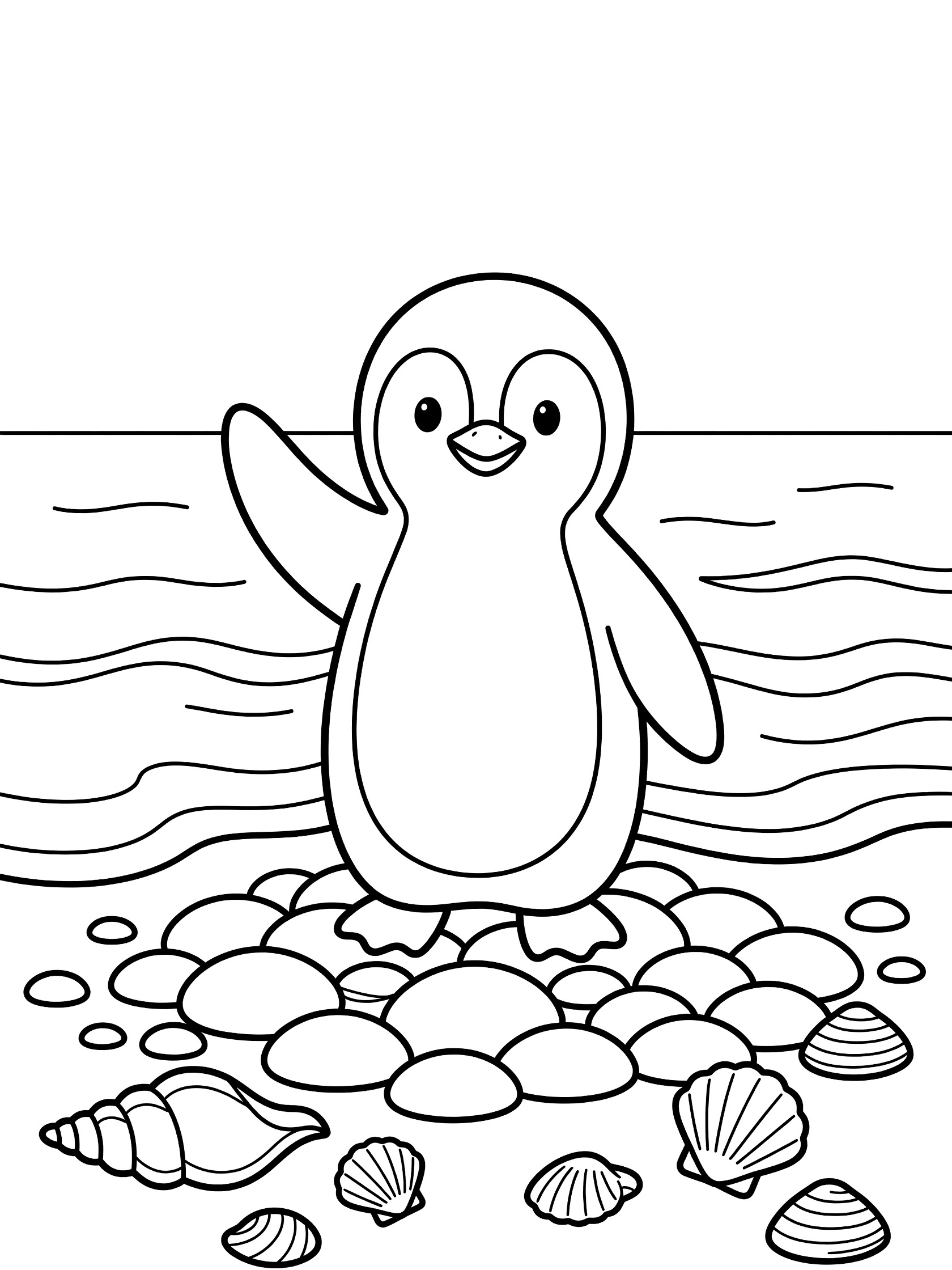 Black and white line art coloring page showing a cute penguin standing on pebbles waving one flipper, with waves, rocks and seashells nearby.