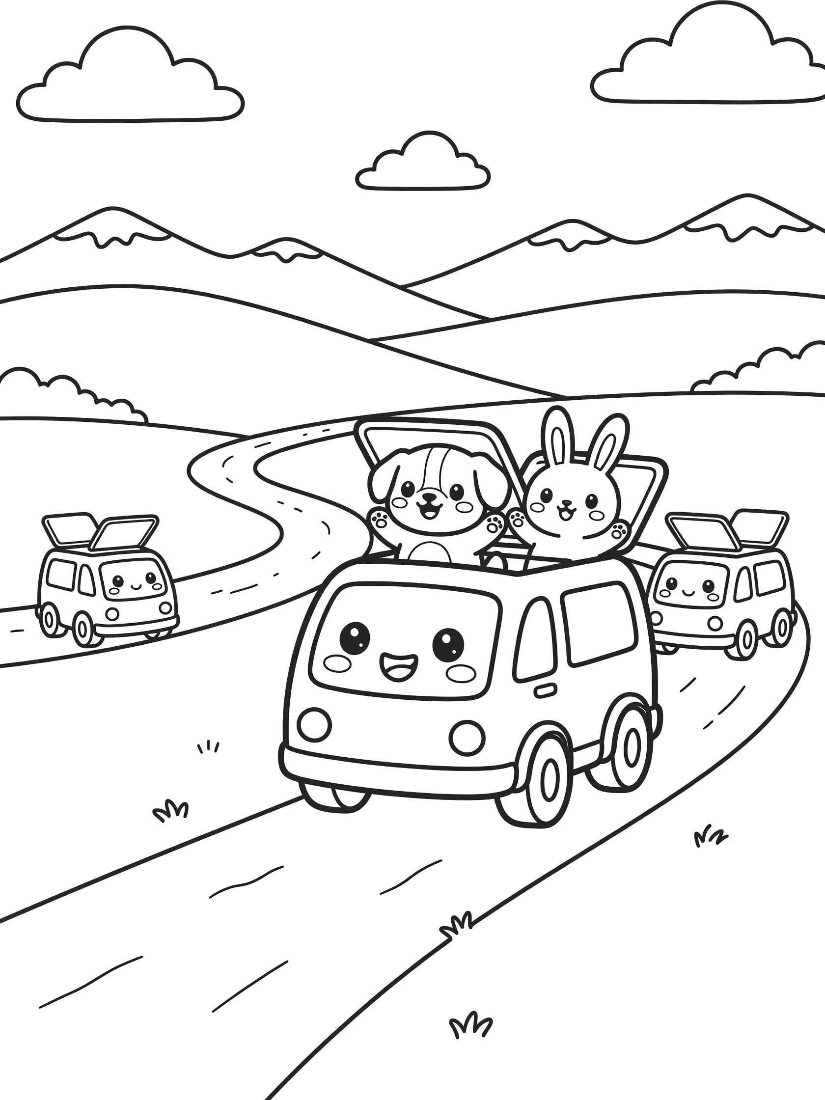 Black and white line art of a chibi personnel carrier with big eyes and smile leading two smaller vehicles on a curvy dirt road through hills, with puppy and bunny waving from hatches, distant mountains and clouds.