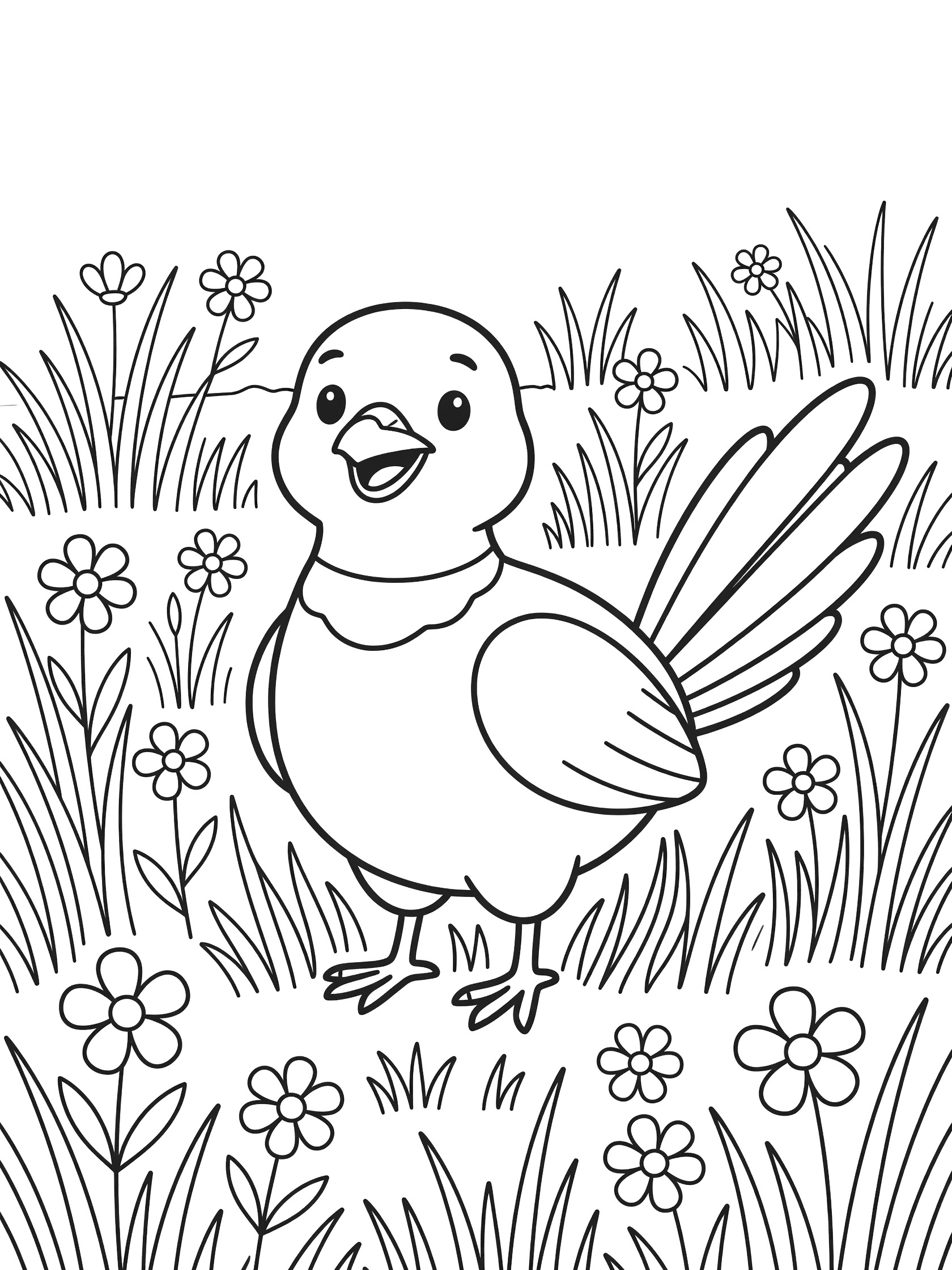 Cute pheasant bird coloring page with plump feathers, cheerful face, surrounded by simple flowers and grass in a meadow