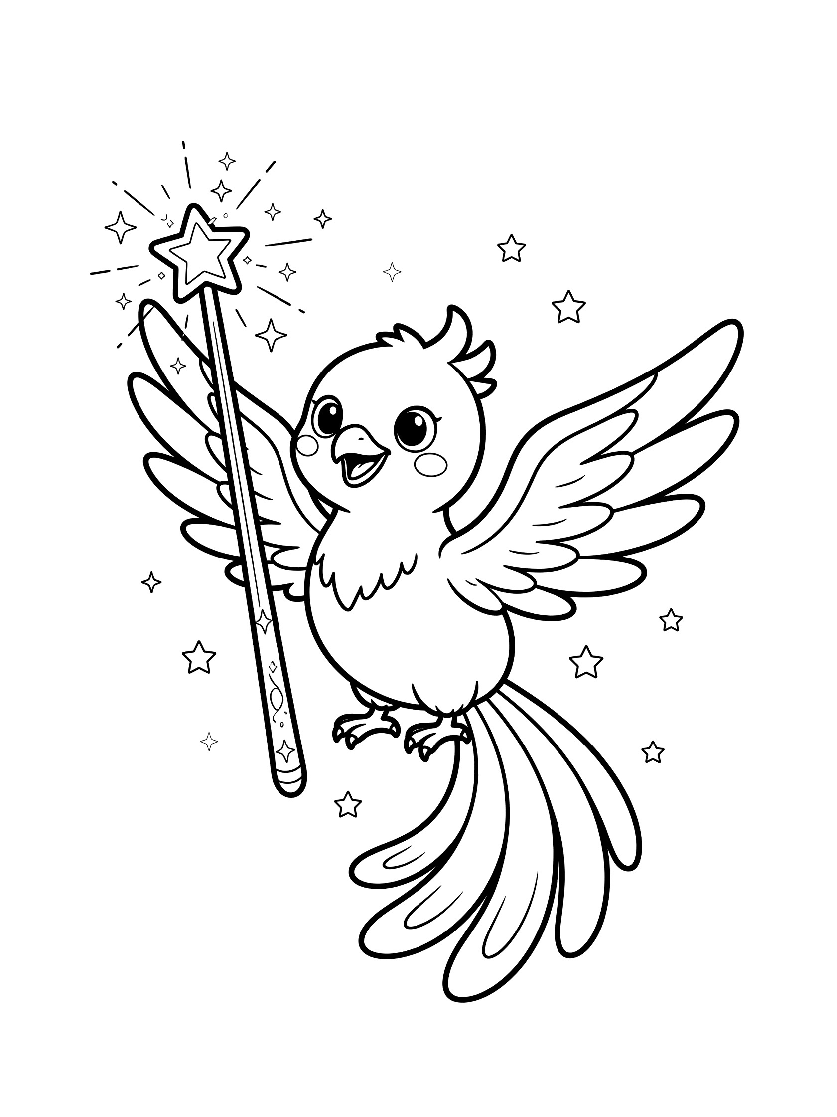 Black and white line art coloring page showing a happy cute phoenix bird with big eyes and wings perched on an upright magic wand with a star top and floating stars around it.