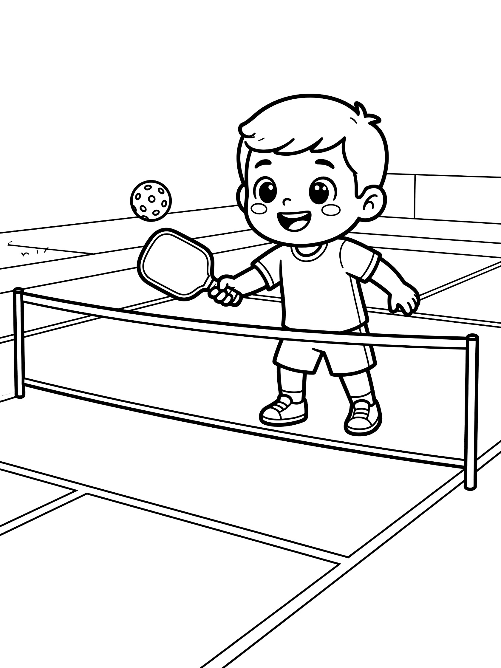 Black-and-white coloring page of a smiling pickleball player tapping the ball softly over the low net with a paddle during a game on a court with markings.