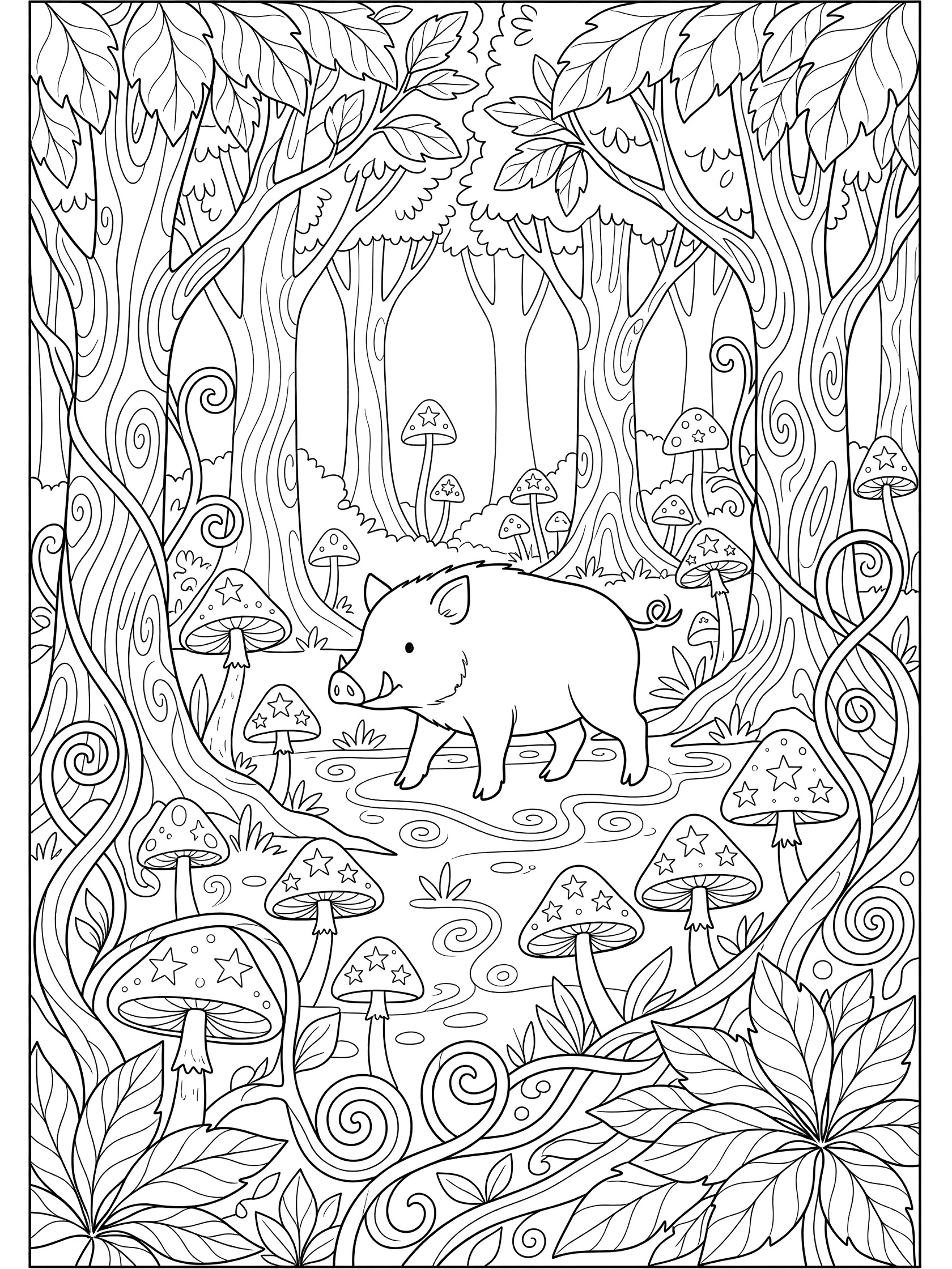 Black and white line art coloring page of a cute pig in a forest glade with mushrooms, twisting vines, large leaves, and patterned trees. Boar themed black and white printable line art