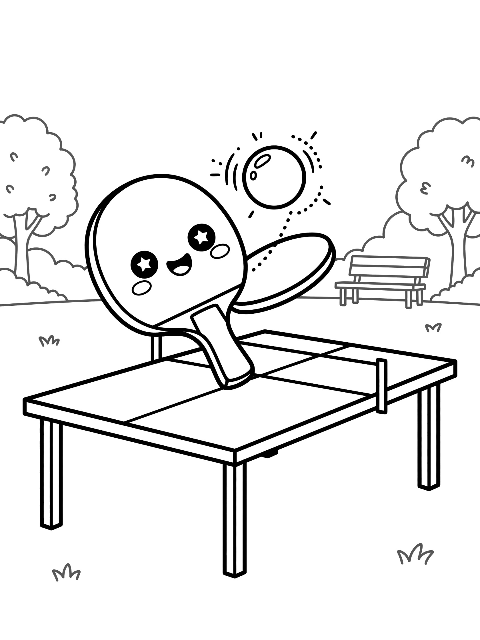 Black and white line art of adorable ping pong paddle spinning a ball with trails on an outdoor table tennis table, cute face on paddle, park bench and trees in background.