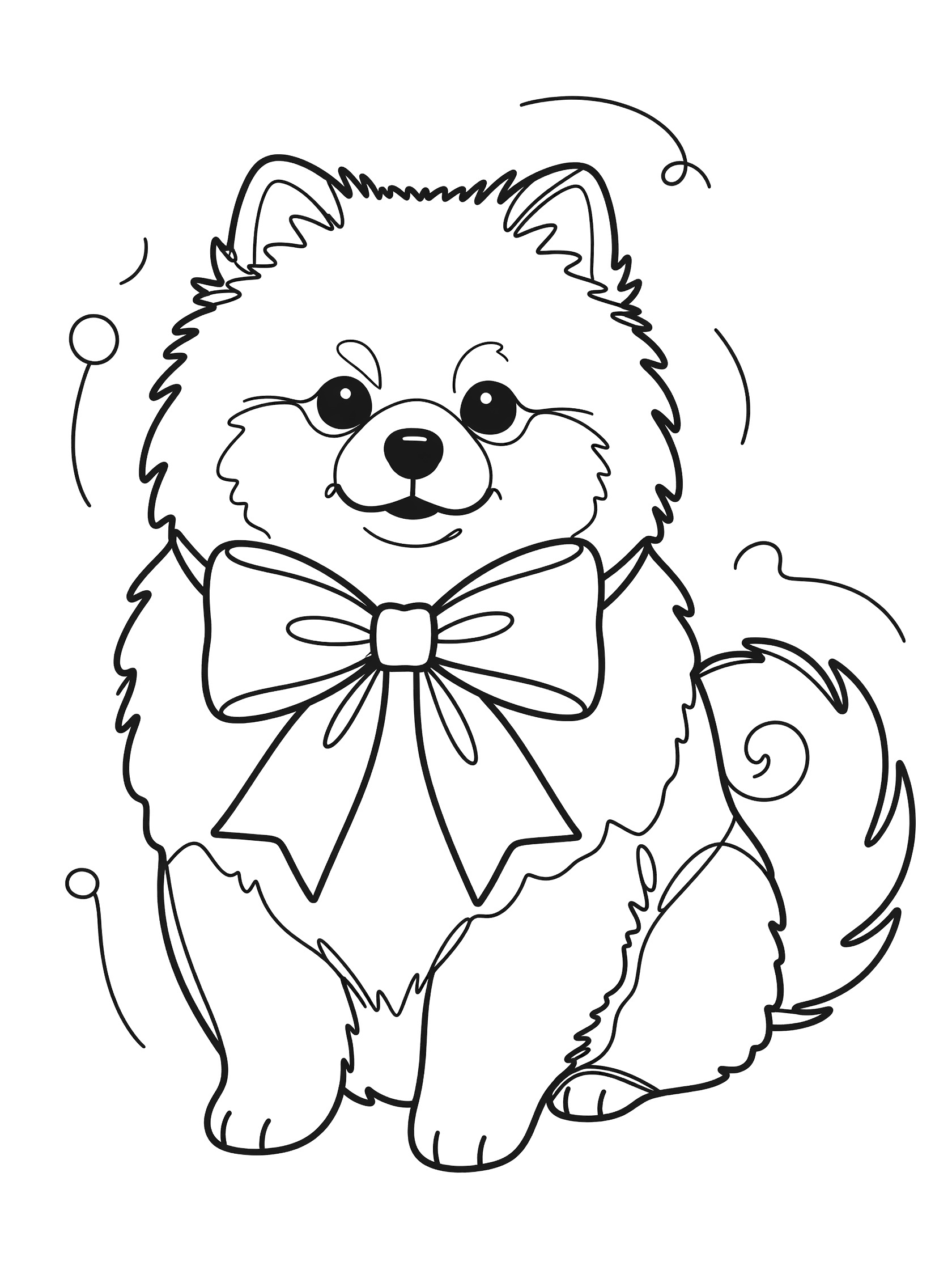 Black and white line art coloring page of a cute fluffy Pomeranian puppy sitting upright with a large bow on its neck, curly tail, and a bone nearby.