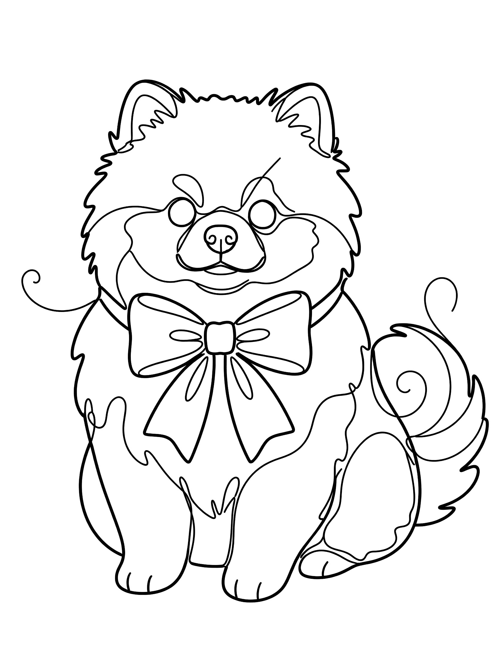Black and white line art coloring page of a fluffy Pomeranian puppy sitting upright with a large bow on its neck and curly tail.