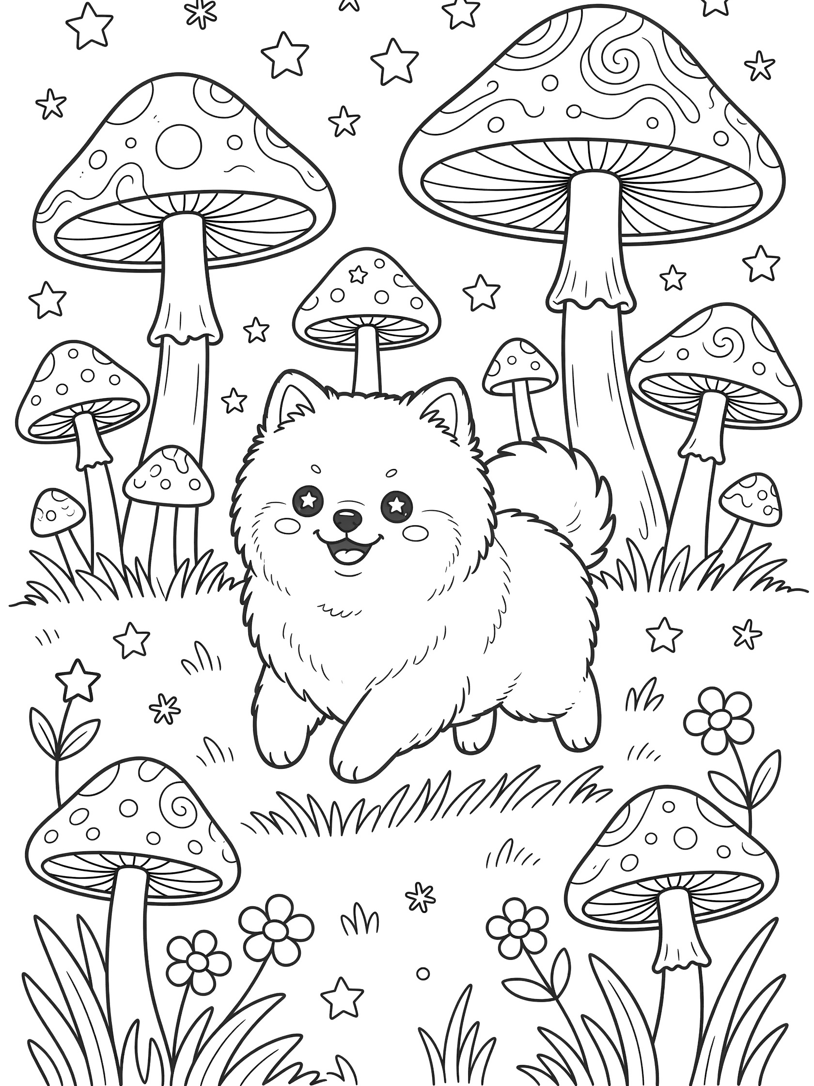 Black and white line art coloring page featuring a happy Pomeranian puppy surrounded by oversized mushrooms, stars, grass, and flowers in a magical meadow.