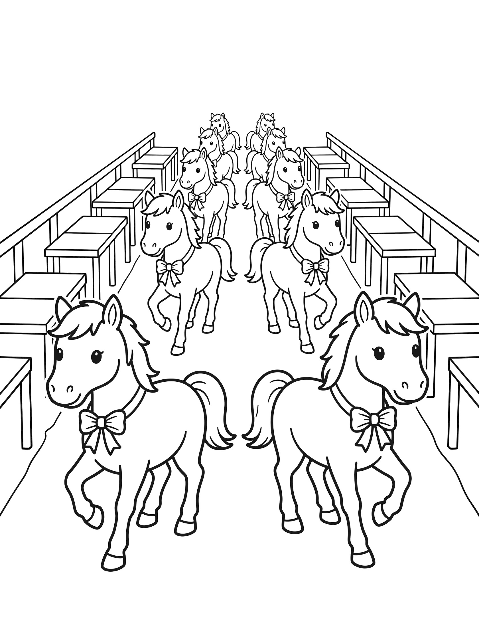 Black and white line art coloring page showing cute cartoon ponies with ribbons sitting in wooden church pews arranged in rows on a white background. Horse Racing themed black and white printable line art