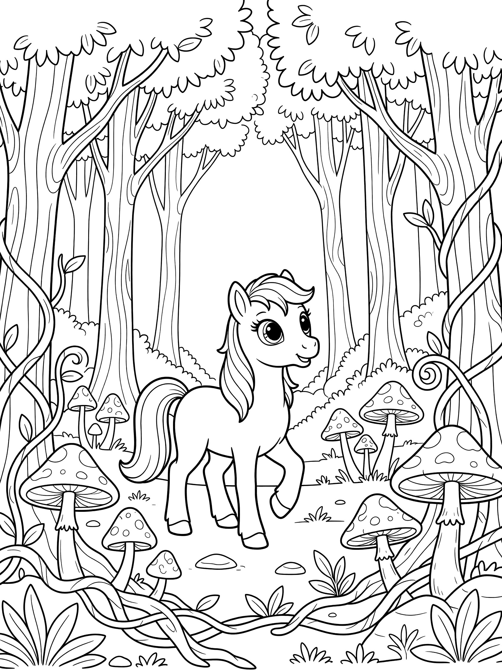 Black and white line art of a cute pony in a mushroom forest with trees and vines, coloring book style.