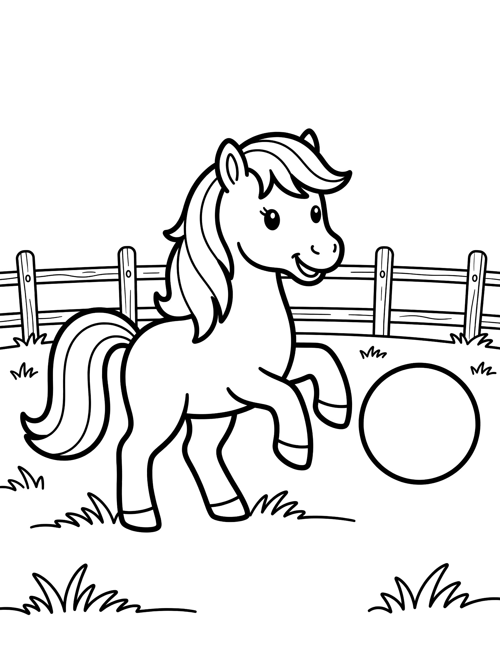Black and white line art coloring page showing a cute pony with flowing mane kicking a large round ball, standing on grass near a wooden fence.