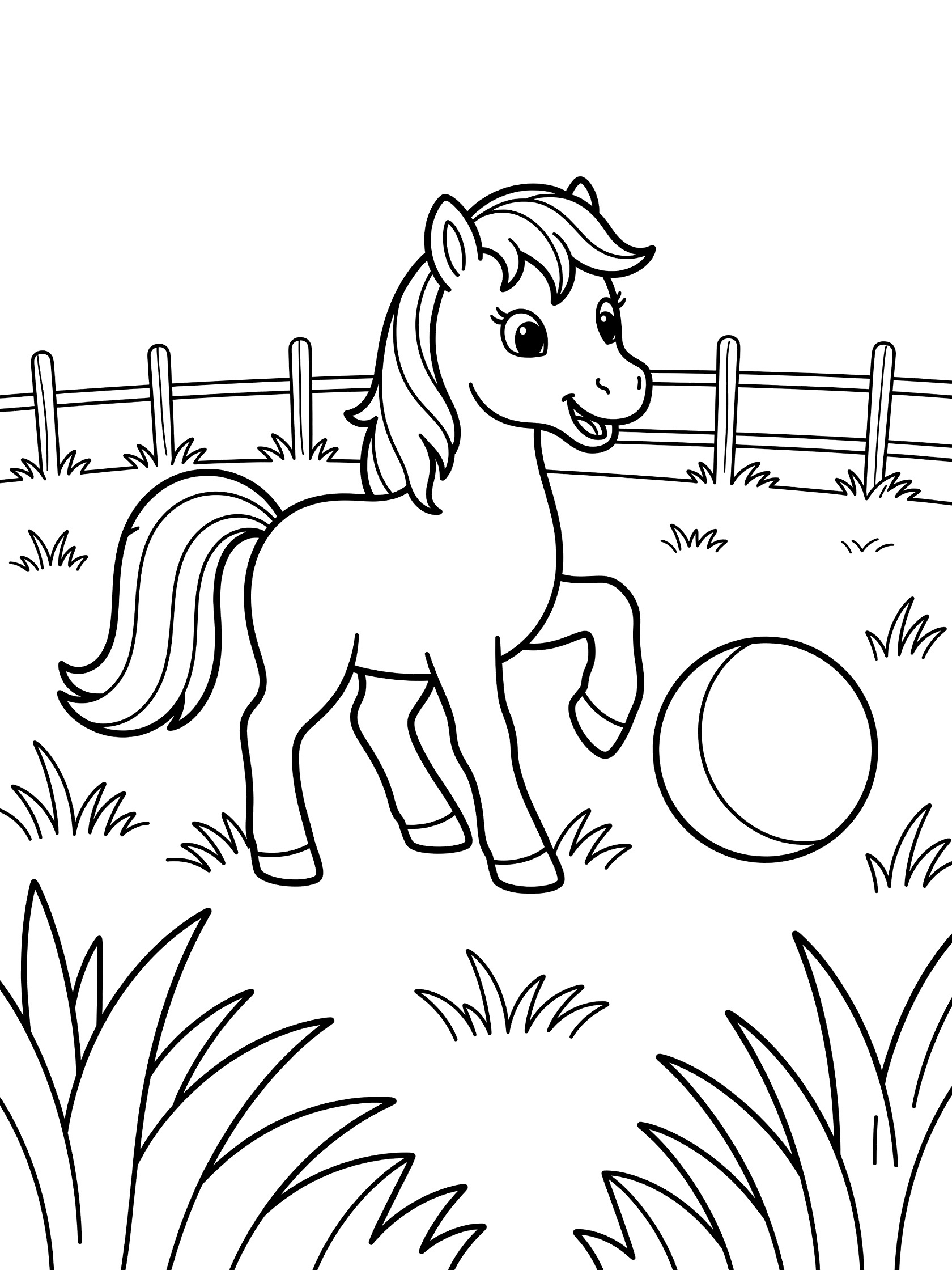 Black and white line art coloring page showing a cheerful pony with flowing mane and tail kicking a large round ball, surrounded by simple grass and a wooden fence.