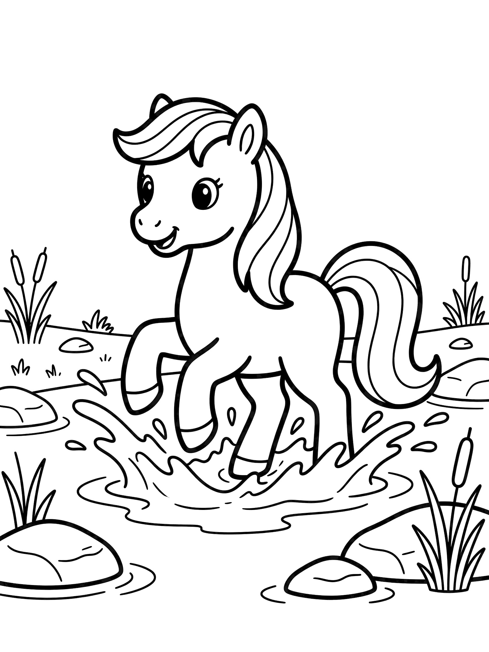 Black and white line art coloring page showing a cute pony with flowing mane and tail splashing water around its hooves, surrounded by rocks and tall reeds.