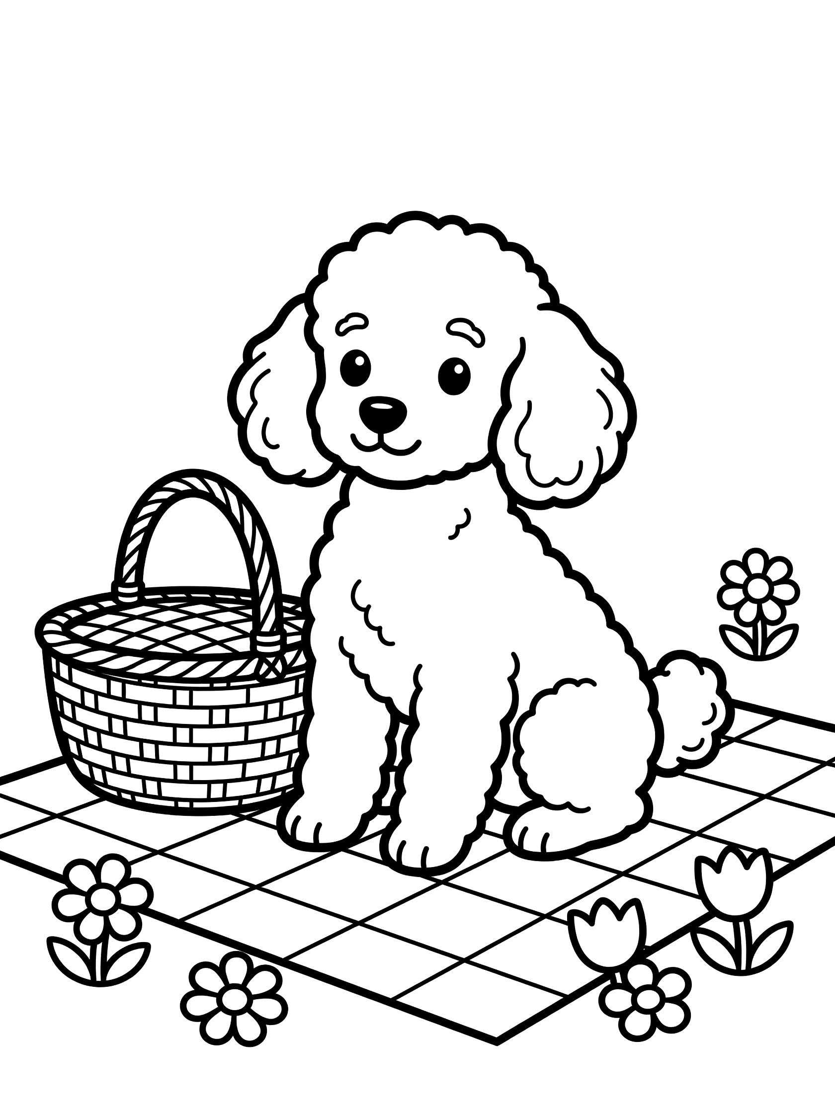 Black and white line art coloring page showing a fluffy poodle puppy next to a woven picnic basket on a checkered picnic blanket with simple flowers around.