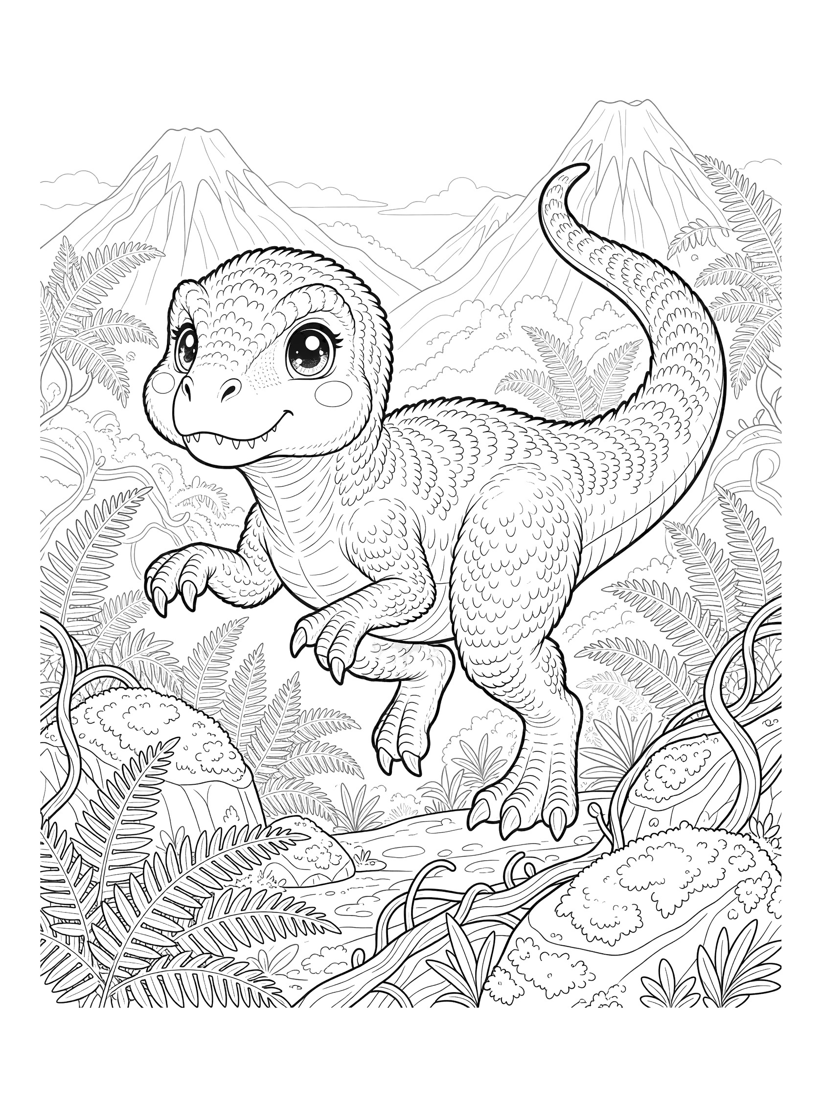 Black and white line art of a cute kawaii Carcharodontosaurus dinosaur pouncing forward with big eyes and claws out, in a detailed jungle scene with ferns, vines, rocks, and misty mountains.