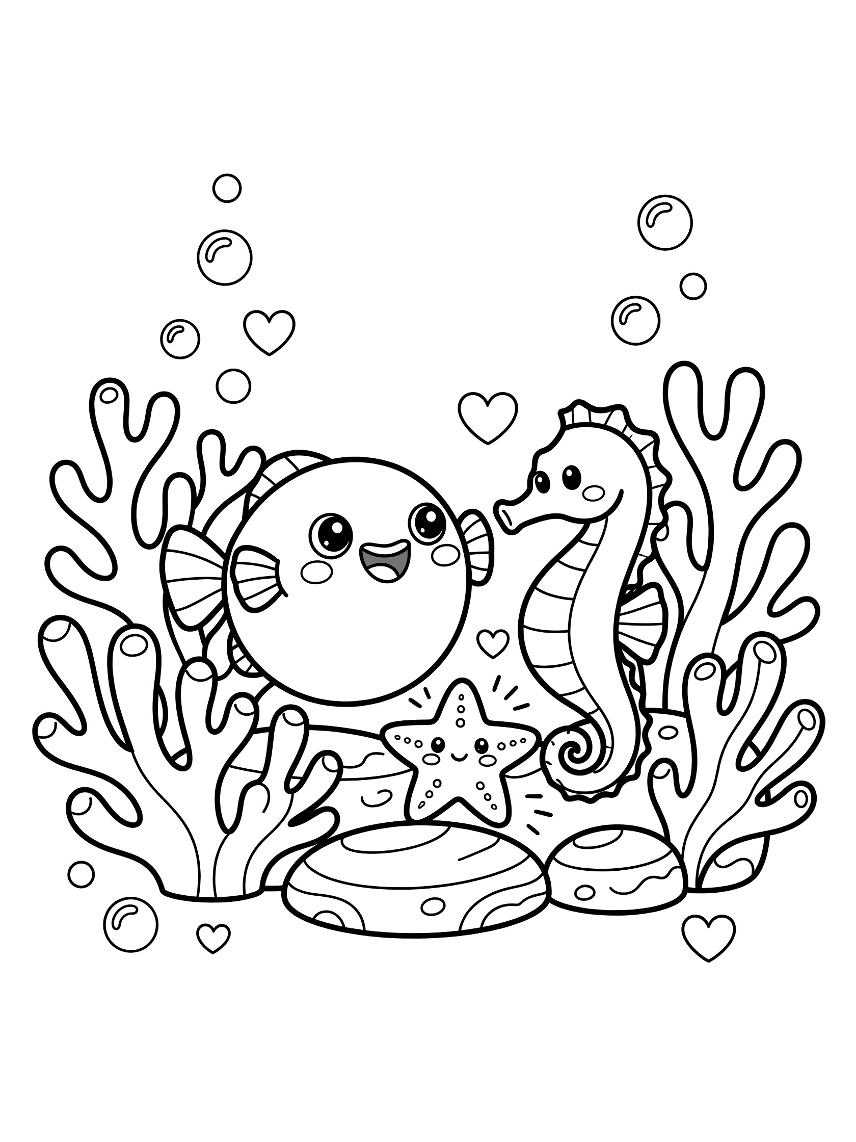 Black and white line art coloring page showing cute pufferfish smiling at seahorse and starfish near coral branches with floating bubbles and hearts.