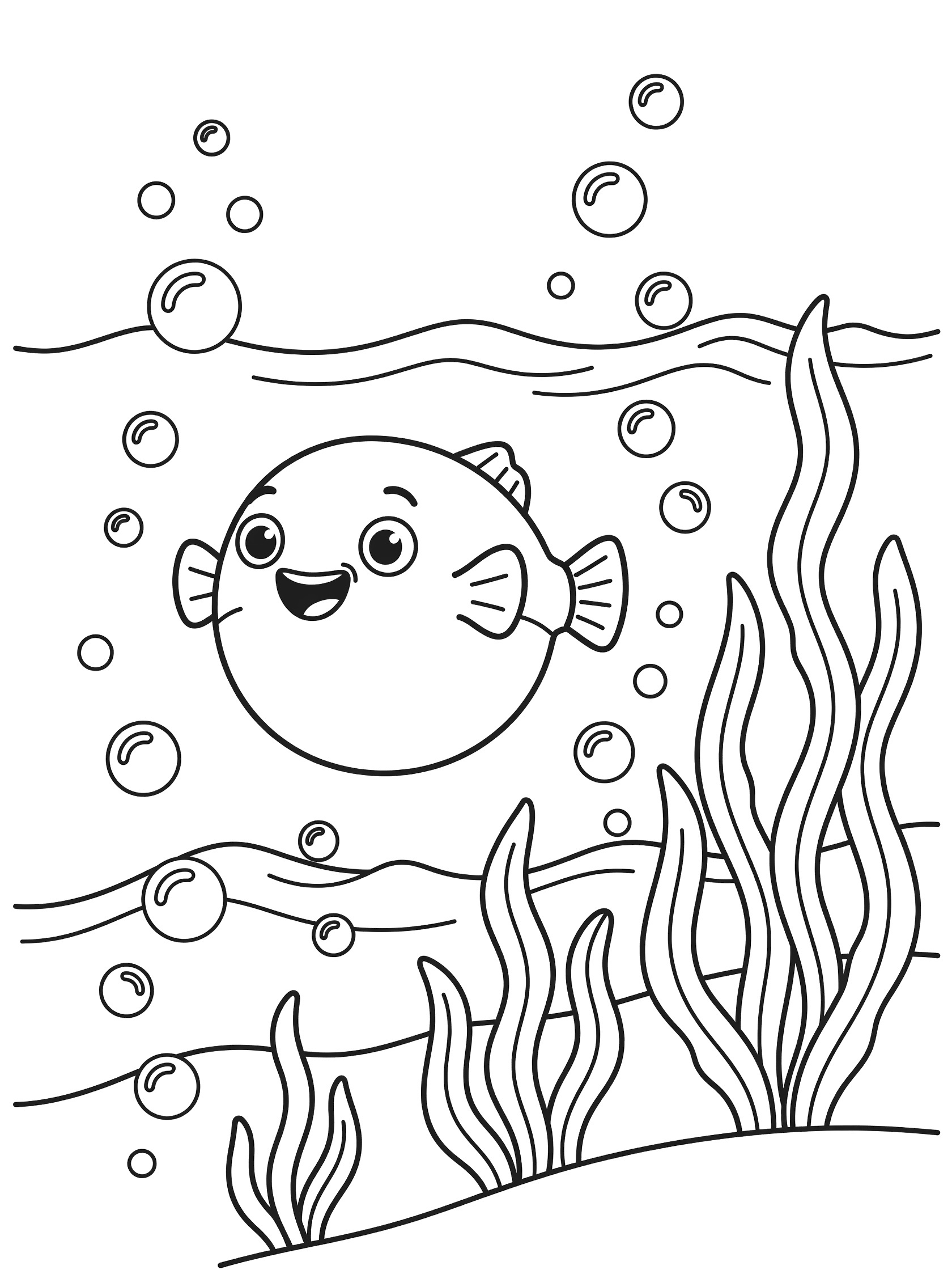 Black and white line art coloring page showing a cheerful pufferfish with big eyes, surrounded by bubbles, tall seaweed, and wavy ocean lines.